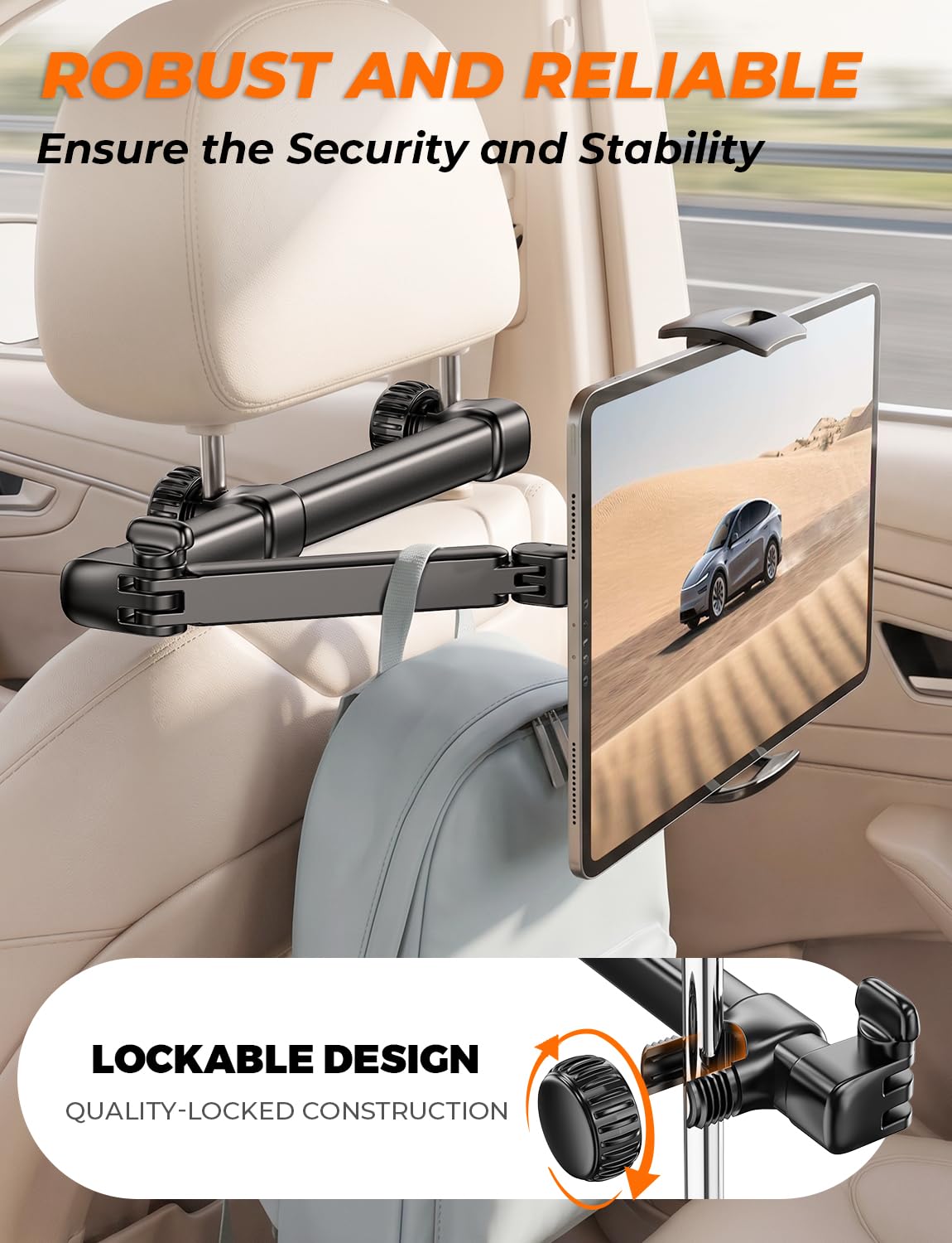 Support Tablette Voiture - [Bras Long Extensible 46cm 3-en-1] Support Appui-Tête Arrière Auto, Rotation 360° Porte-Tablette de Voyage, Compatible avec iPad, Switch, Smartphones 4,7-13"