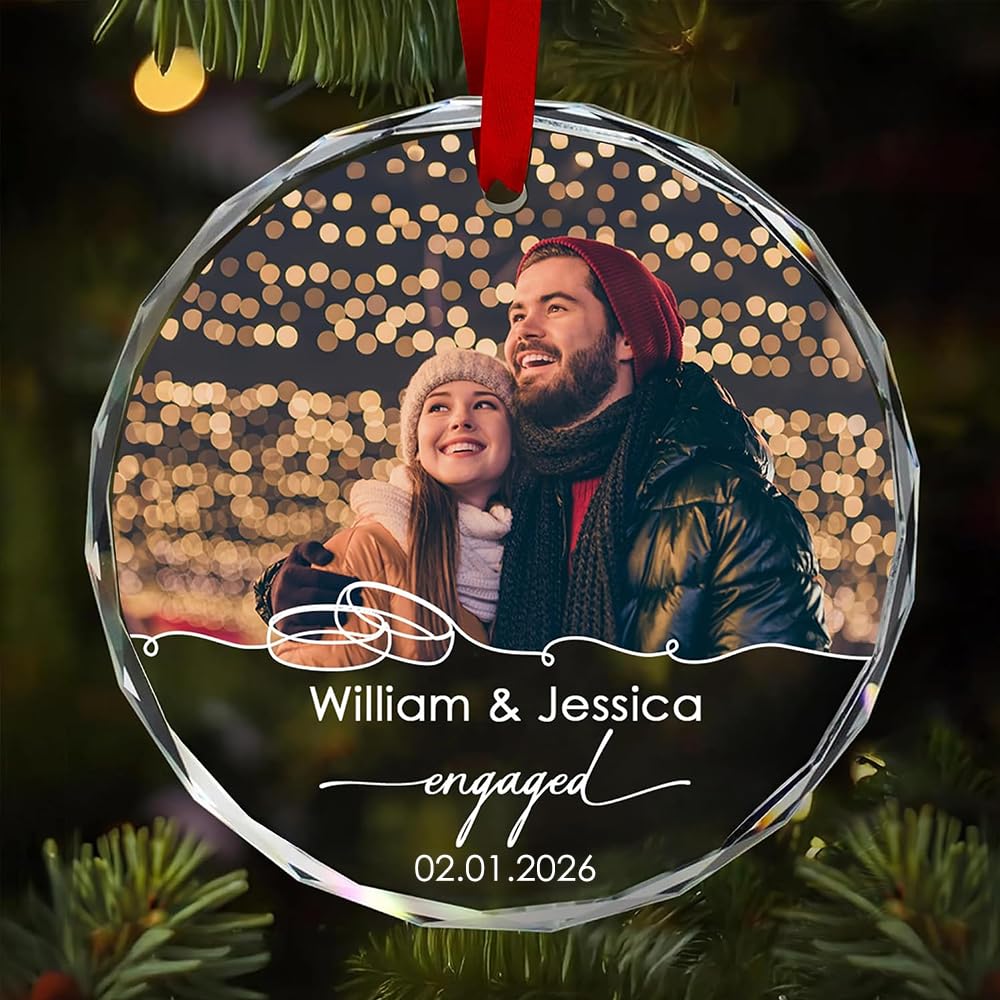 Personalized Couple Photo Engaged Crystal Ornament - Customize Wedding Gift for Couples, Bridal Shower Gifts, Valentine Gift for Him/Her Boyfriend Girlfriend, Newlyweds, Marriage Proposal Gifts