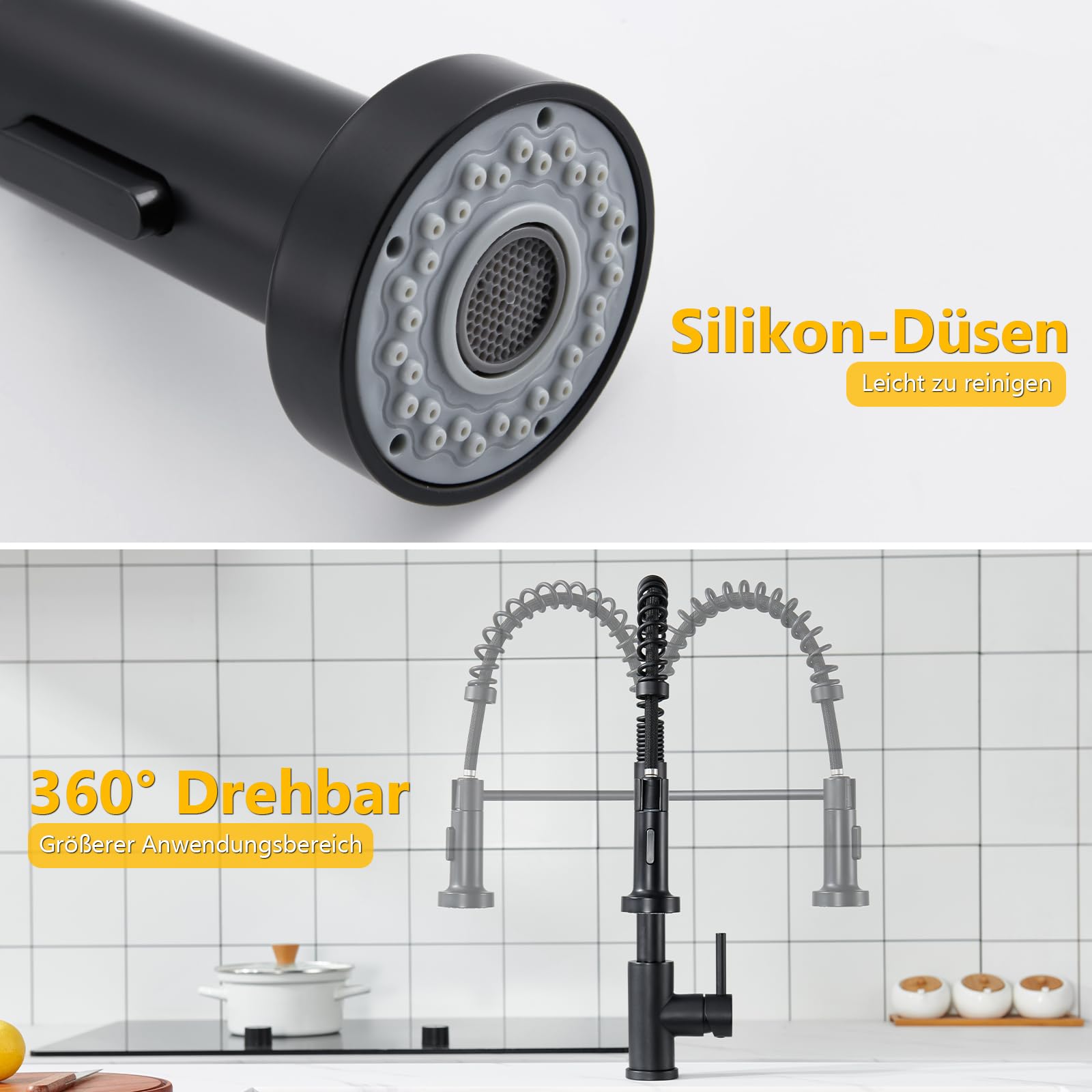Küchenarmatur Ausziehbar ohne Wasserzulaufschlauch, Wasserhahn Küche Schwarz mit 2 Strahlarten Brause, Mischbatterie Küche Hochdruck, Edelstahl Armatur Küche 360° Schwenkbar Spültischarmatur