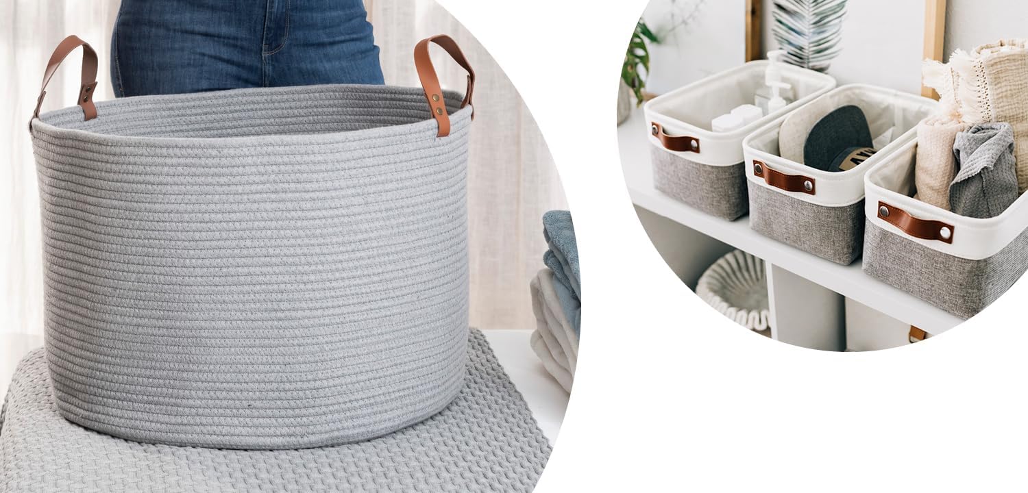 OrganiHaus Set of 3 Small Fabric Baskets + Extra Large Laundry Basket - GRAY