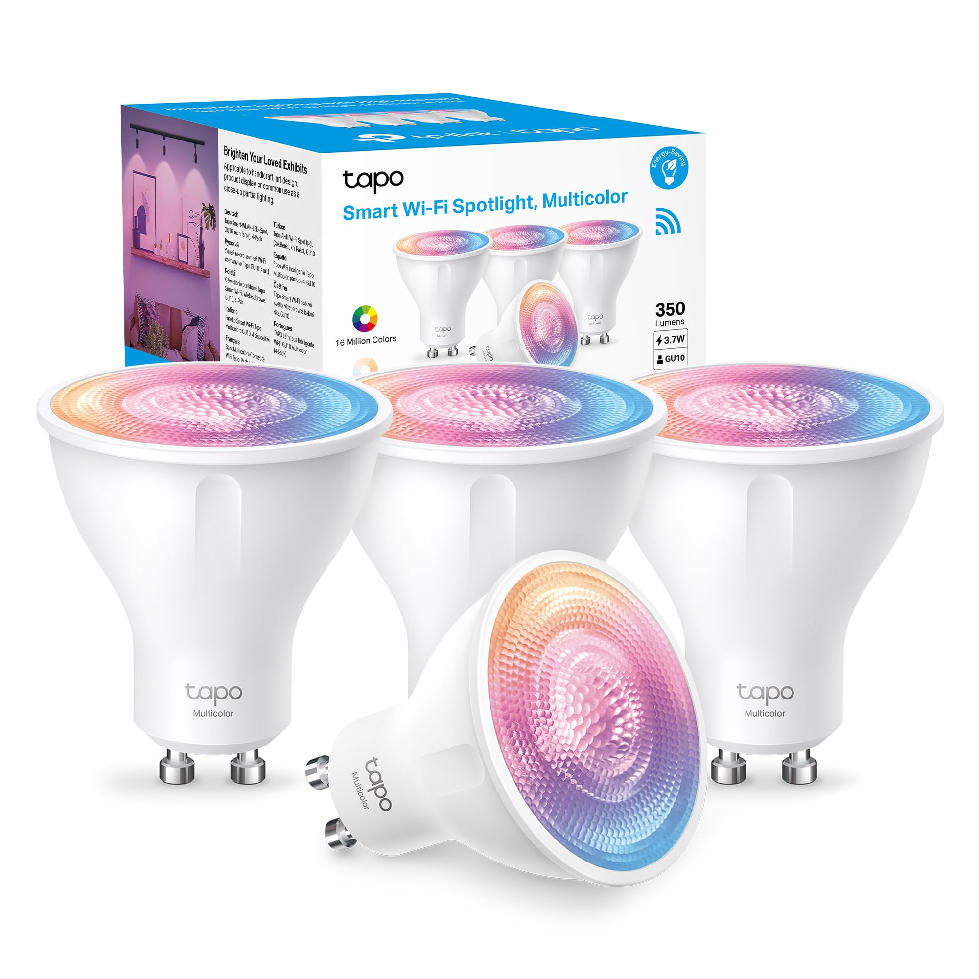 TapoL630 (4-Pack) Smart Bulb, Alexa Light Bulb, Smart Light Bulb Spotlight, GU10 Lamp Base, 16 Million Colours, White Tunable, High Lumen & Dimmable, Remote Control, Voice Control Alexa & Google