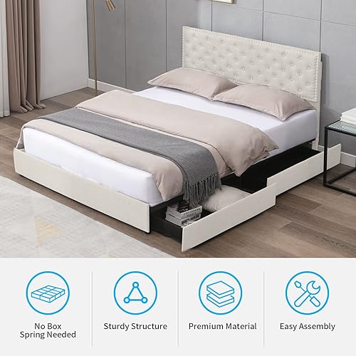 Miniatura 6 de Mjkone Base de cama tamaño Queen con 4 cajones de almacenamiento plataforma tapizada con cabecera ajustable y tela de lino de algodón base de cama