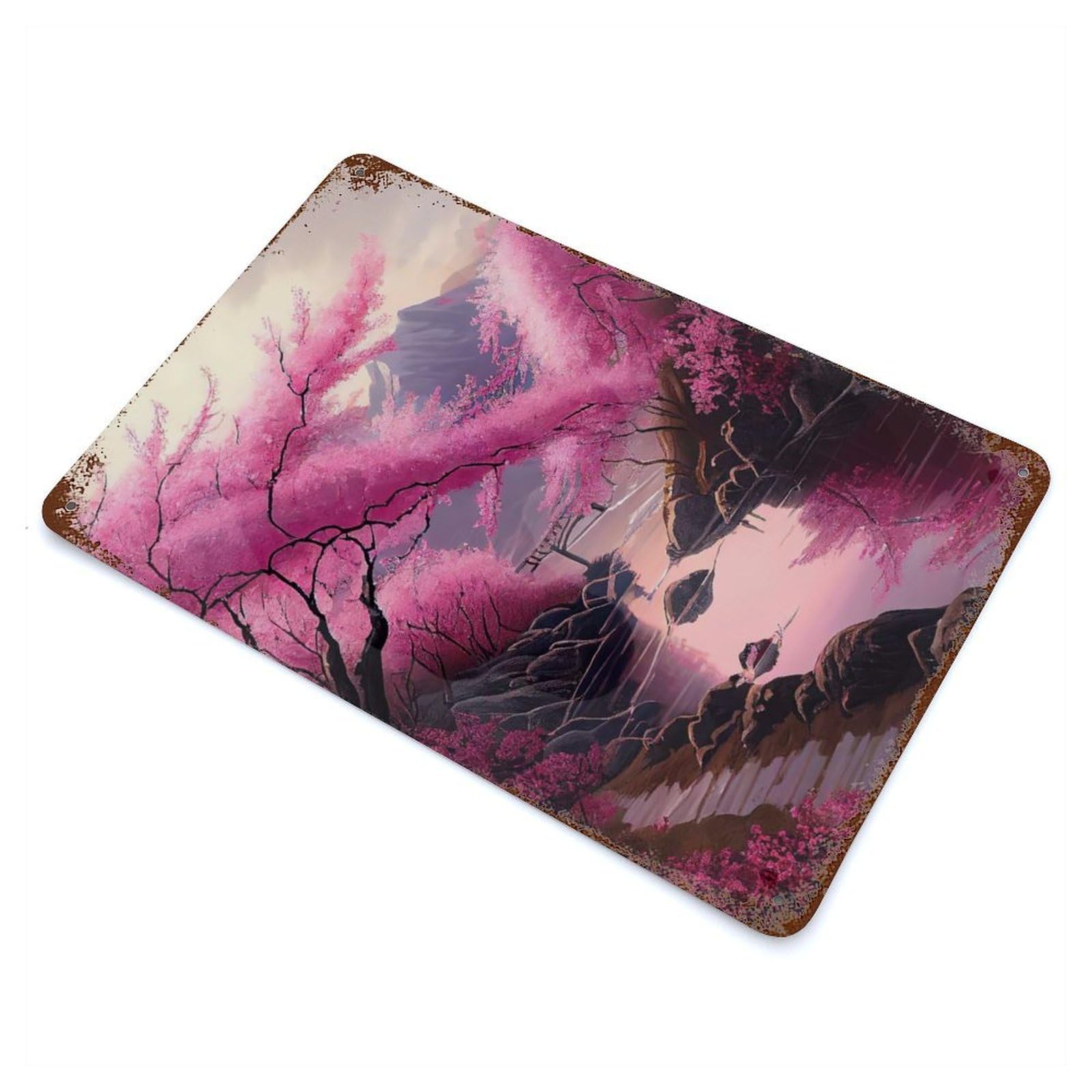 Rust Effect Cherry Blossoms Oil Paint Aged Metal Wall Plaque 11.8"x7.9", Shabby Chic Decor for Basement, Hobby Room And Garage Decor