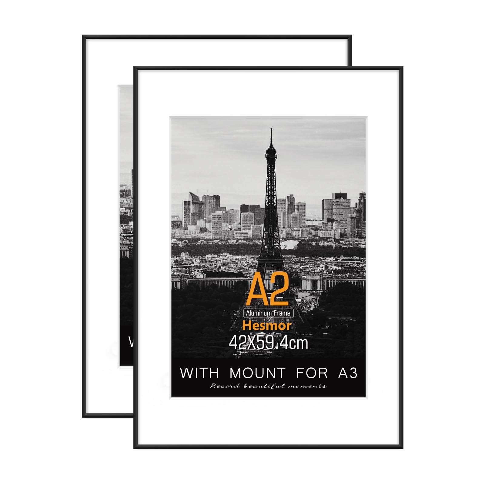 A2 Aluminum Acrylic Picture Frames in Black - A2 Photo Frames 16.5 x 23 inch Size Black Pictures Frames with Clear Plexiglass for Wall Mounting, Set of 2 Poster Frames with Mat for A3