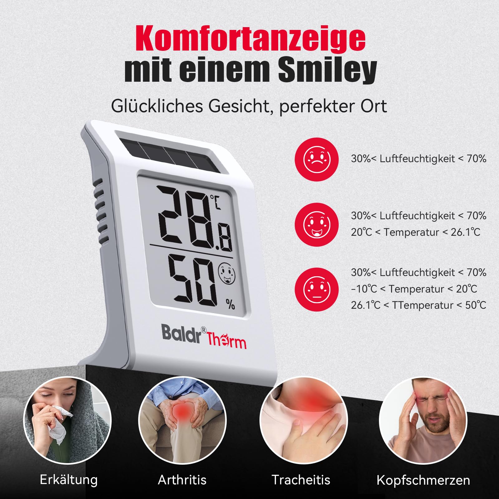 2,2" Digitales Thermometer und Hygrometer, solarbetriebener Innenraum-Temperatur- und Feuchtigkeitssensor, Feuchtigkeitsmesser für Babyzimmer, Schlafzimmer, Zuhause (Weiß - 3 Stück)