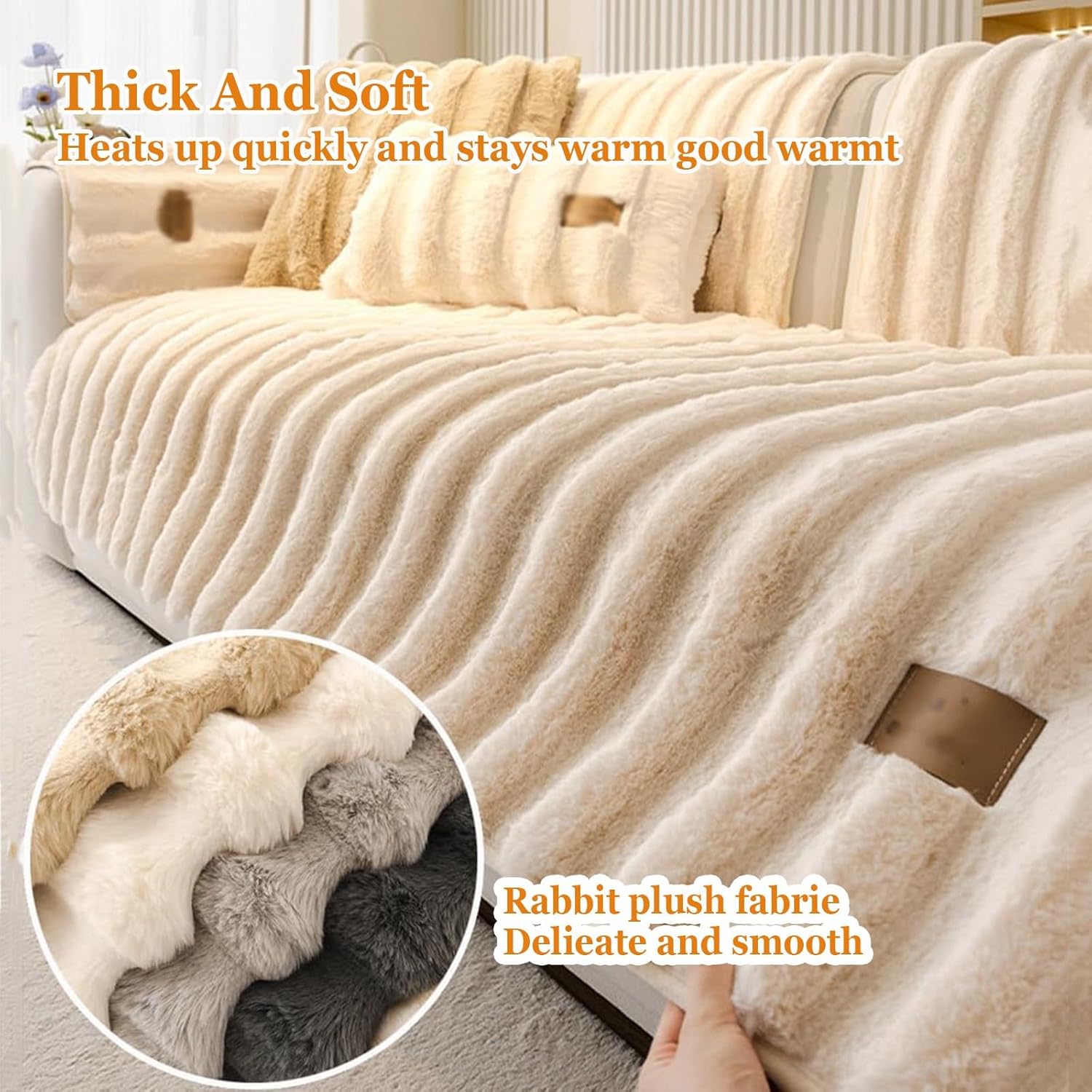 Faux Rabbit Fur Couch Sofa Cover Washable,Thick Soft Sectional Furry Fluffy Cushion Non-Slip Slipcovers Furniture Protector for Dogs Cats(Coffee,110 * 210cm)