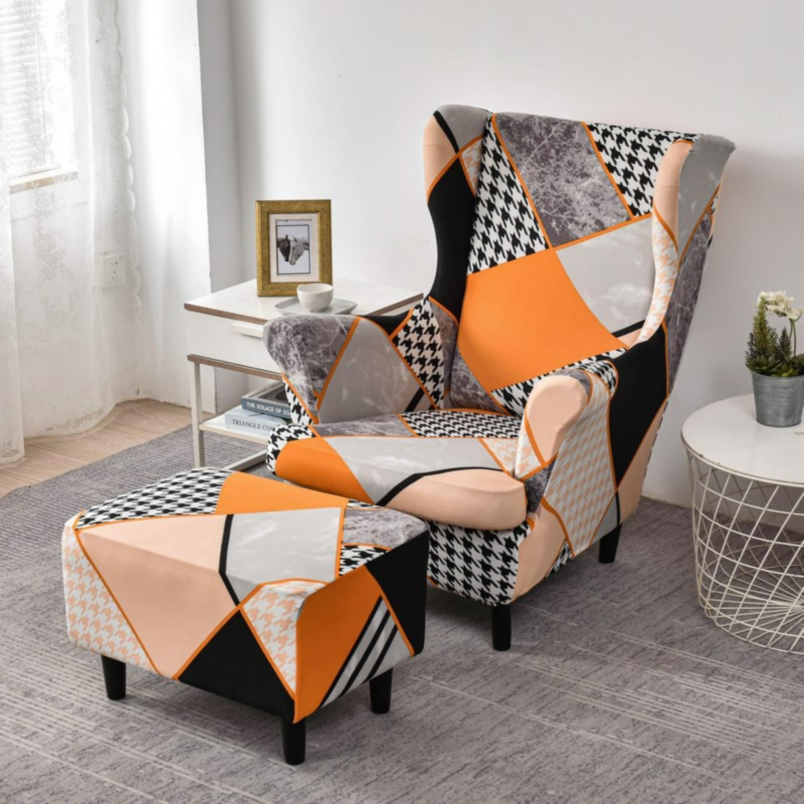 Stretch Armchair Slipcovers Armchair Cover for Recliner Sofa Wing Chair Slipcover with Ottoman Cover, 3 Piece Printed Wingback Chair Cover Anti Slip Footrest Slipcover