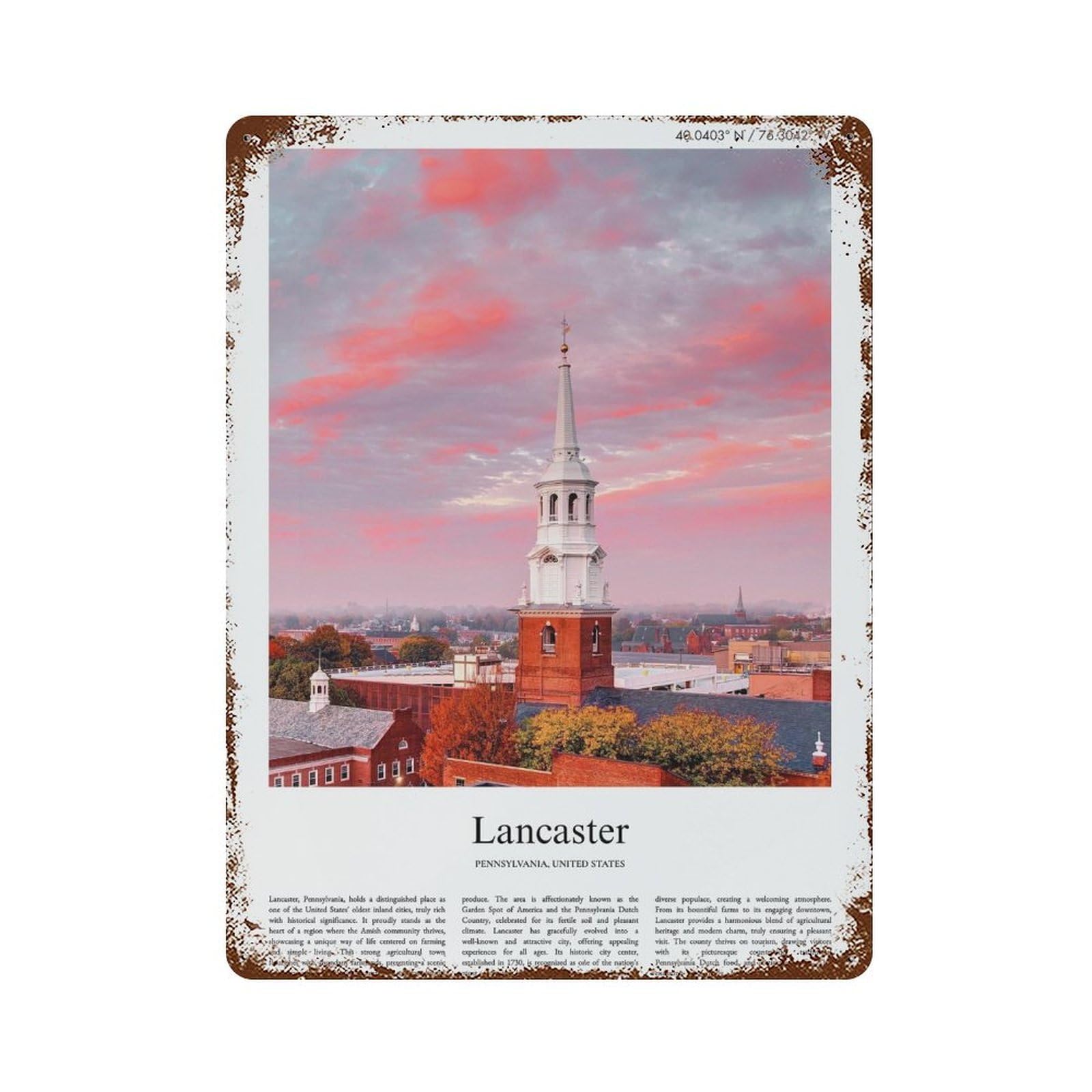 xiaoxiaoshen Lancaster Pennsylvania, United States, USA City Scenery Wall Decor Art Metal Tin Poster Modern Home Decor Art Home Bar Shop Decorations Vintage Sign 40x30cm