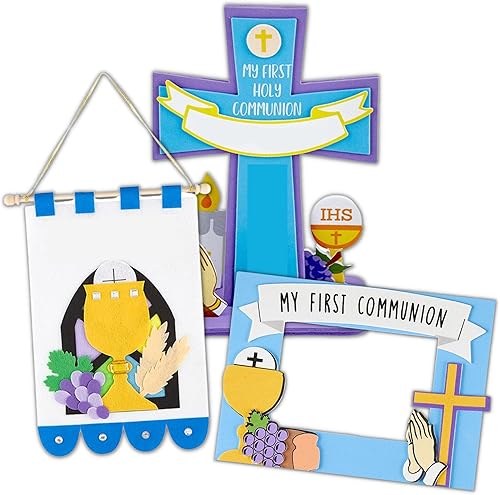 Needzo Kit de pancarta de la primera comunión, marco de espuma y cruz, manualidades católicas para niñas y niños, 3 piezas incluidas