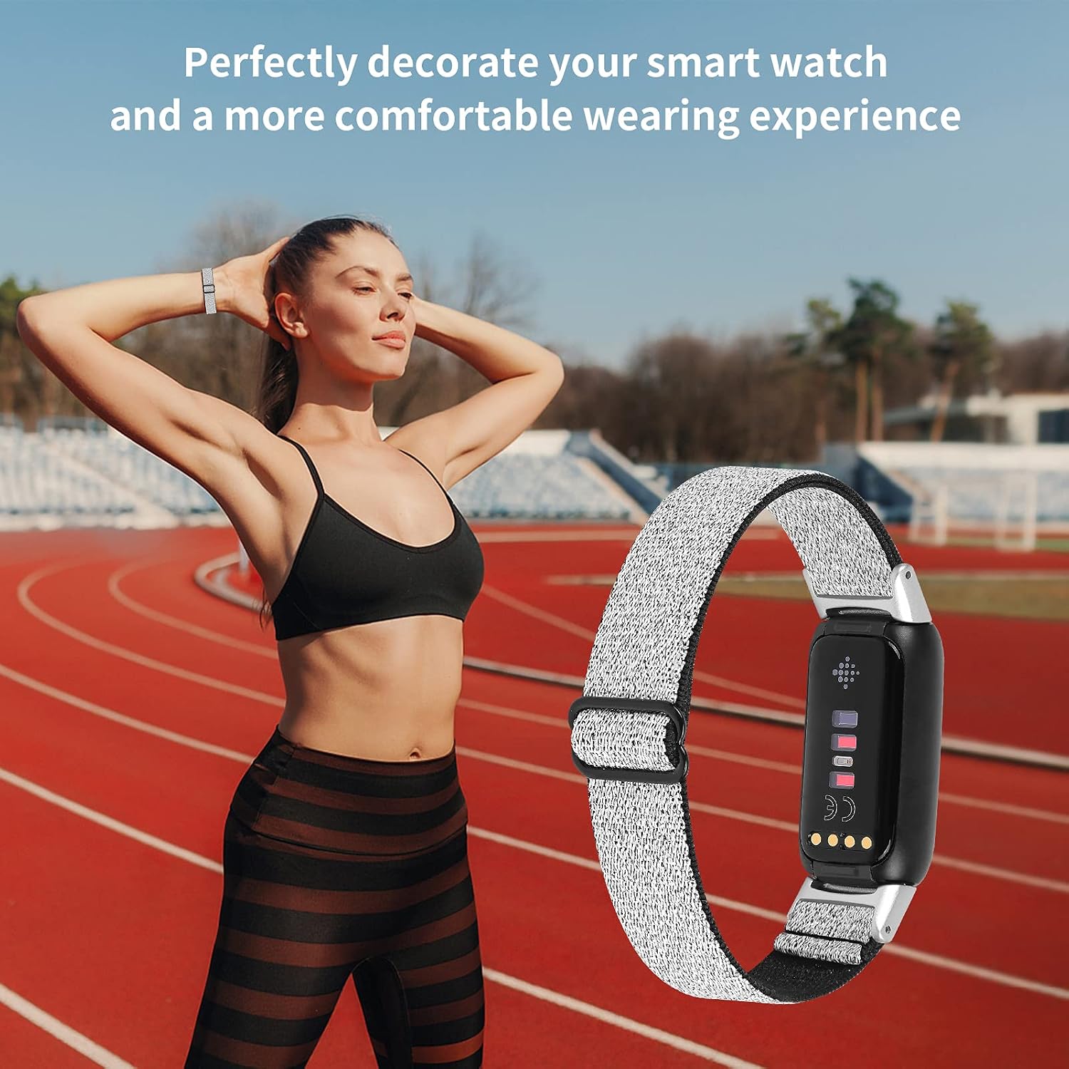 OCEBEEC Stretchy Sport Bands Compatible with Fitbit Luxe, Adjustable Elastic Nylon Wristband Replacement for Fitbit Luxe Fitness and Wellness Tracker for Women Men(Shining Silver)