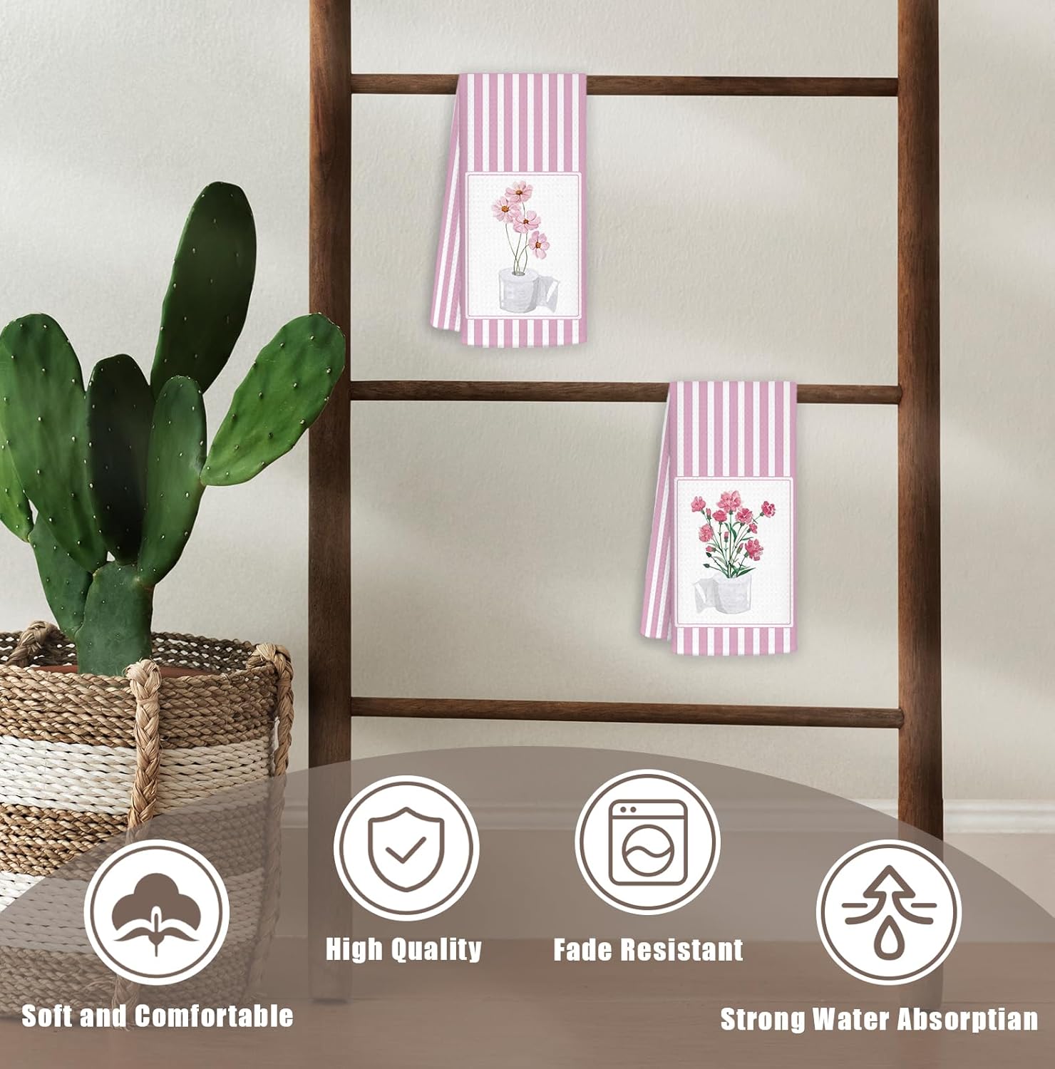 Pink Flower Floral Bathroom Hand Towels Set of 2, Floral Bathroom Decor, Grandmillenial Pink Cosmos Carnation Flower Hand Towels for Bath Room Washroom Toilet, 16x24 Inch - Image 2