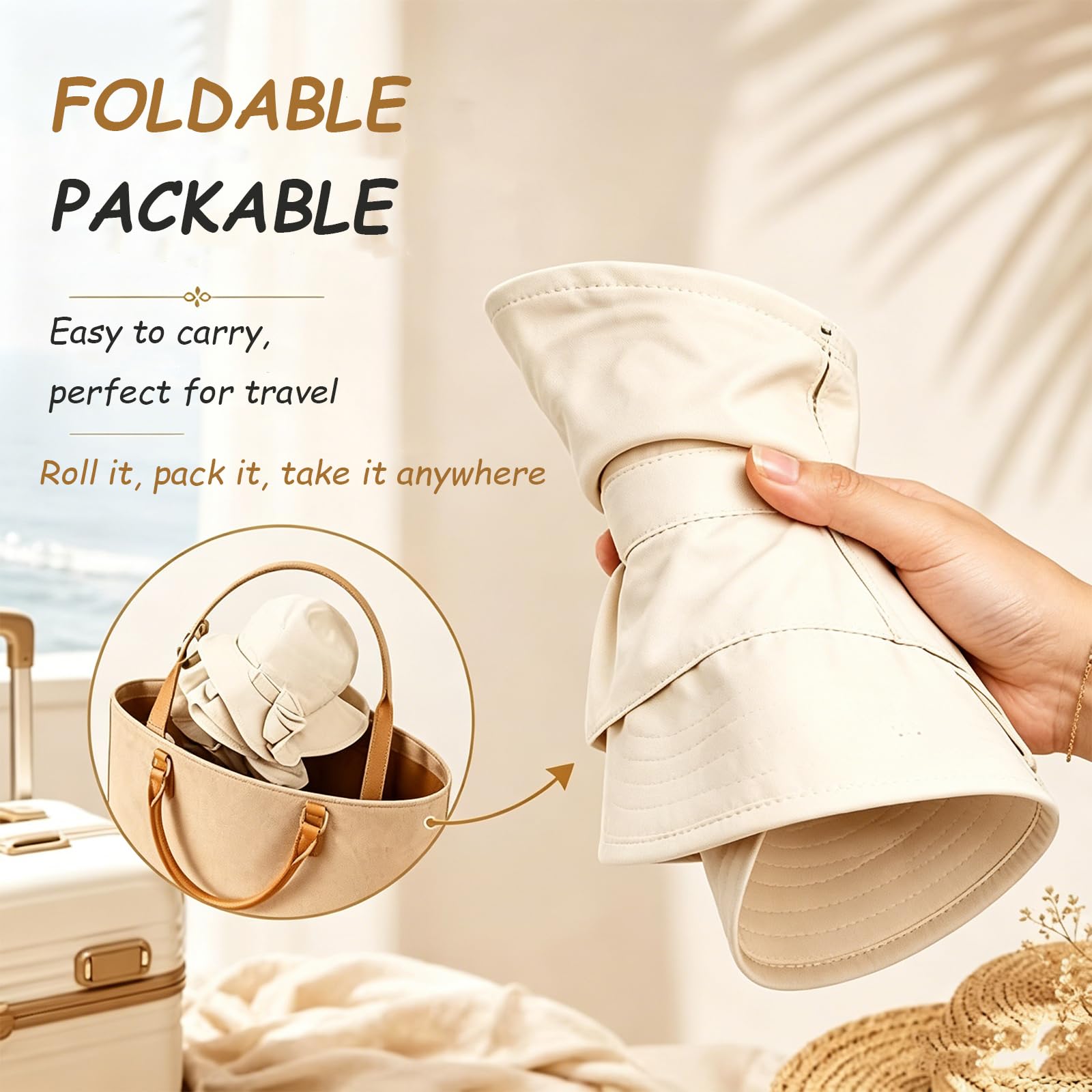 Sombrero De Sol De ala Ancha con Lazo para Mujer,Gorra Verano Elegante,Ligera Y Plegable ProteccióN UV CordóN Ajustable,Ideal La Playa,La Piscina,El JardíN Las Vacaciones(56-58cm,Beige)