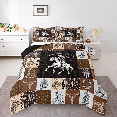 Miniatura 3 de Juego de edredón de vaquero, tamaño Queen, ropa de cama occidental para niños, juegos de edredón de cráneo de toro, juego de edredón de plumas de