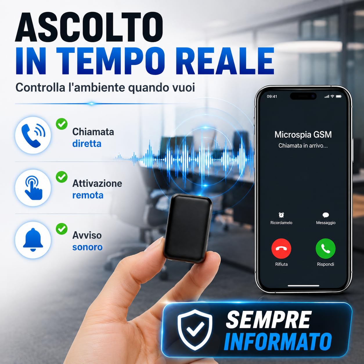 Microspia Audio GSM con Registrazione Vocale e Localizzatore GPS 60 Ore in stand- by Ascolto in Tempo Reale, Chiamata Remota con Amplificazione Voce - Antifurto a Lunga Distanza illimitata (M149)