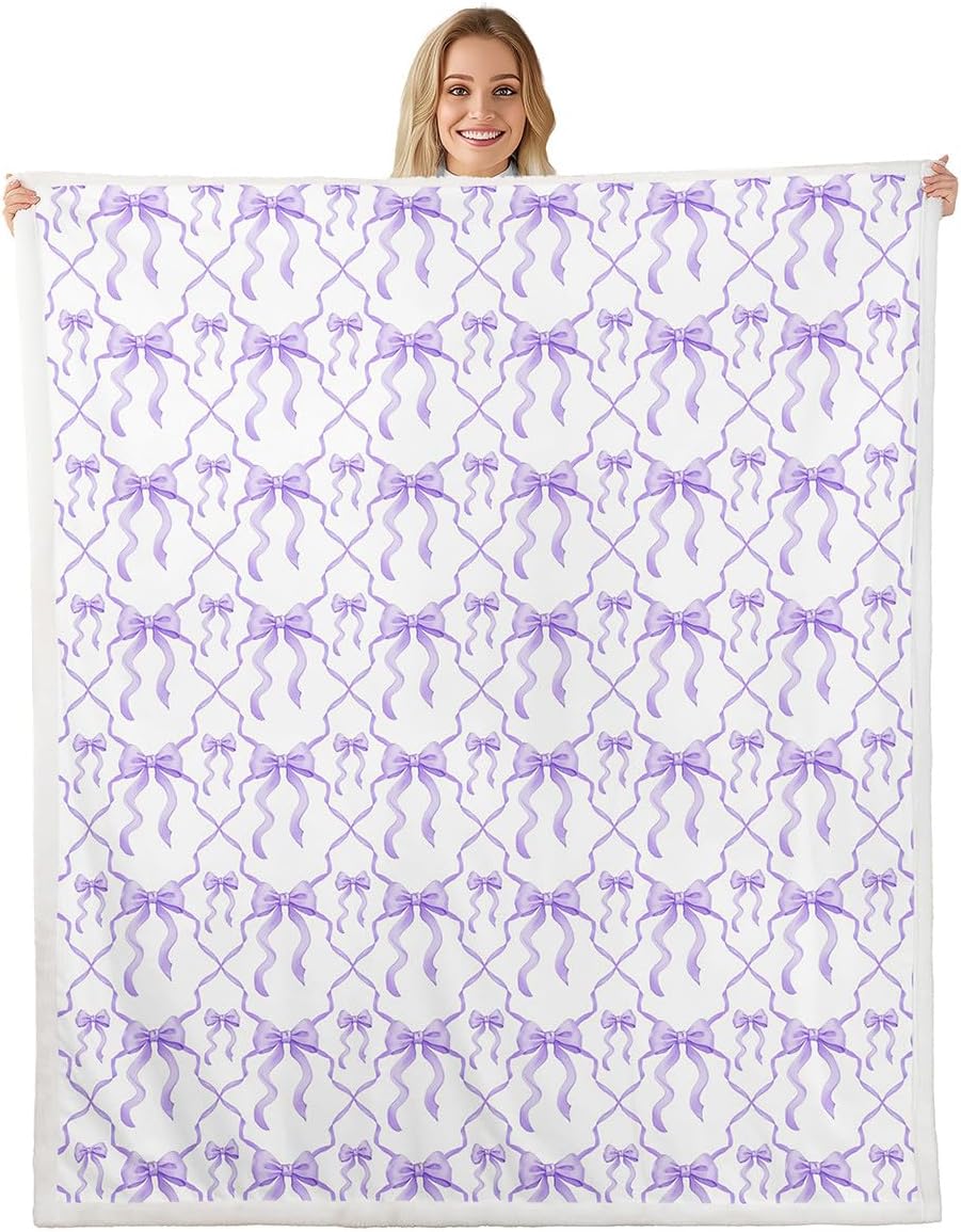 Erosebridal Cute Bow Throw Blanket for Kids Bed Pink Kawaii Bowknot Girls Queen 90"X90" Fleece Blanket Watercolor Bow Tie Patchwork Pink White Sherpa Blanket Geometric Check Bow Fuzzy Blanket