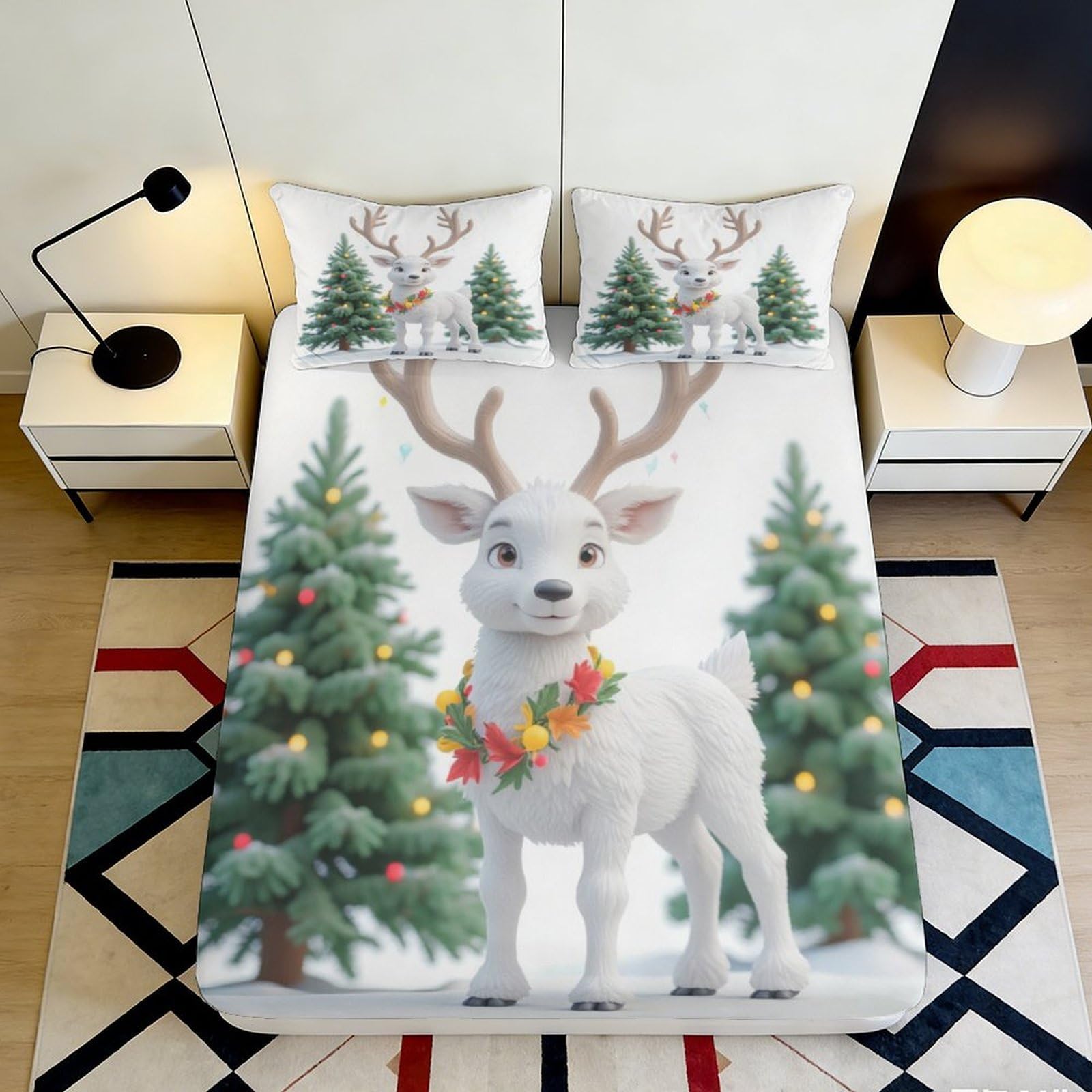 3D Printed White Reindeer Fitted Sheet Microfiber Soft Christmas Pine Tree Mattress Cover for Bedroom Guest Room Dorm Decor 90x200x25cm