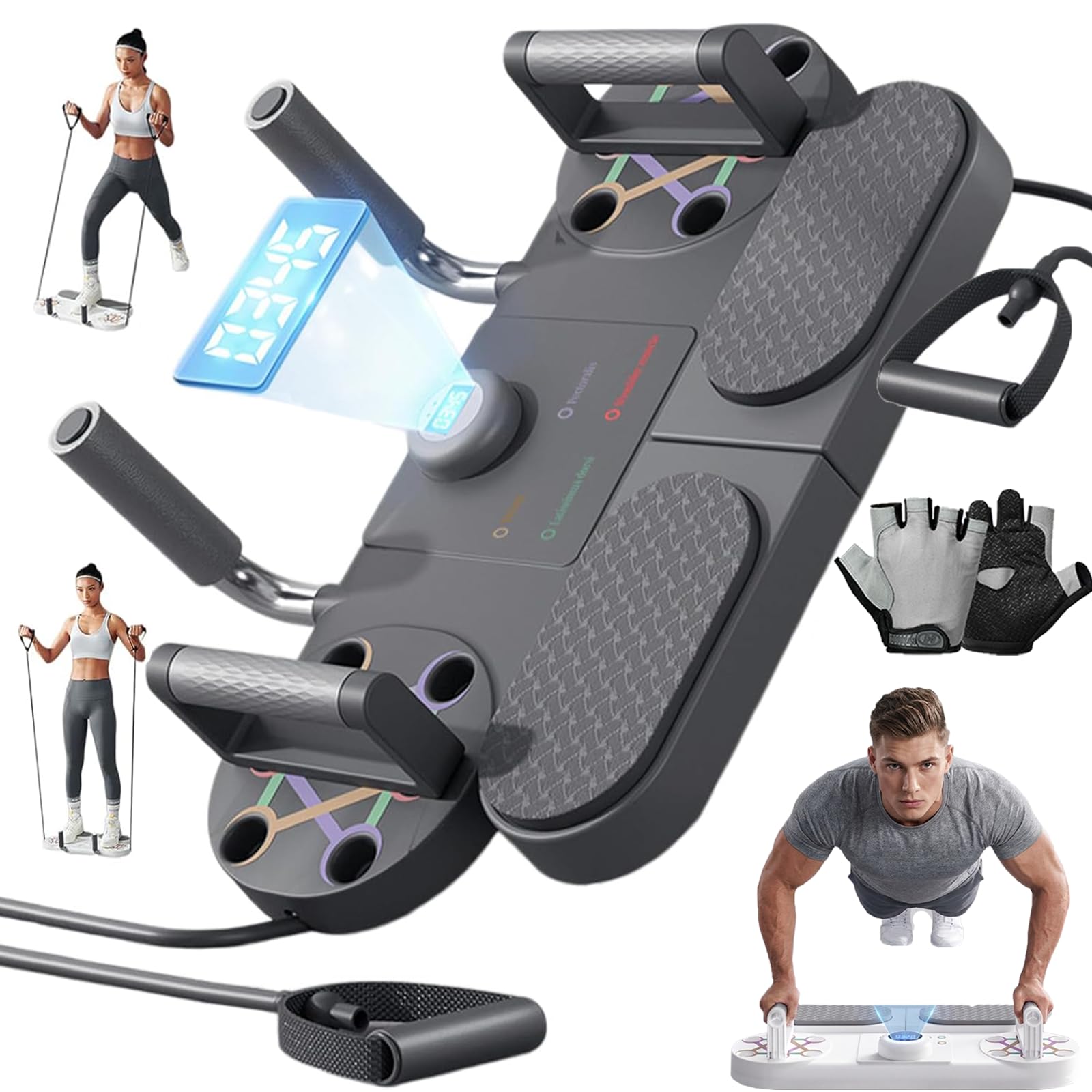 3-In-1 Multifunctional Push-Up Board & Resistance Band Trainer with Thickened Elbow Pads, Non-Slip, Pushup Handles, & Reps Time Monitoring, Portable Foldable Home Gym Fitness Equipment Gray