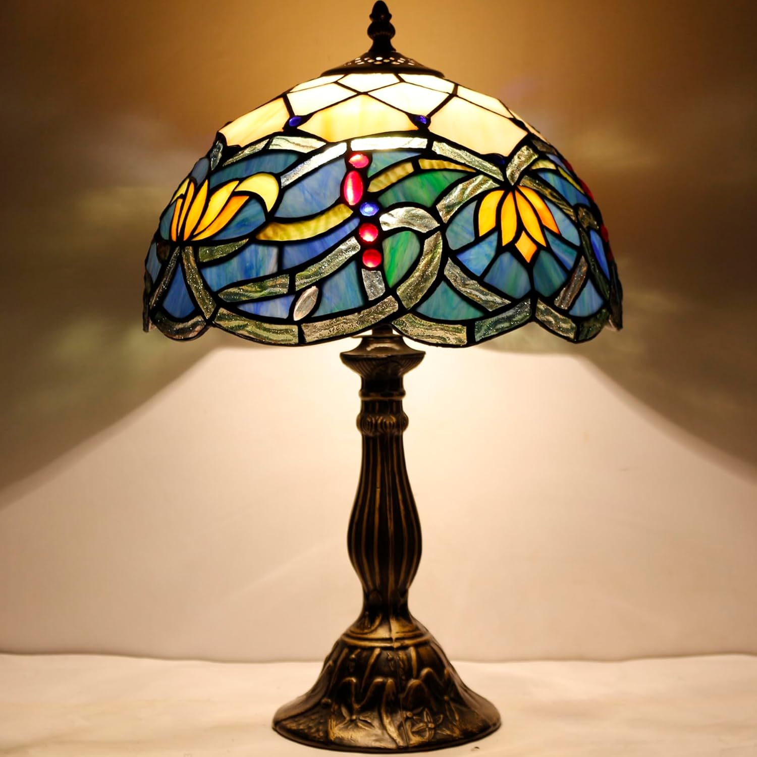 WERFACTORY Tiffany Table Lamp Stained Glass Bedside Lamp Blue Lotus Desk Reading Light 12X12X18 Inches Decor Bedroom Living Room Home Office S220 Series
