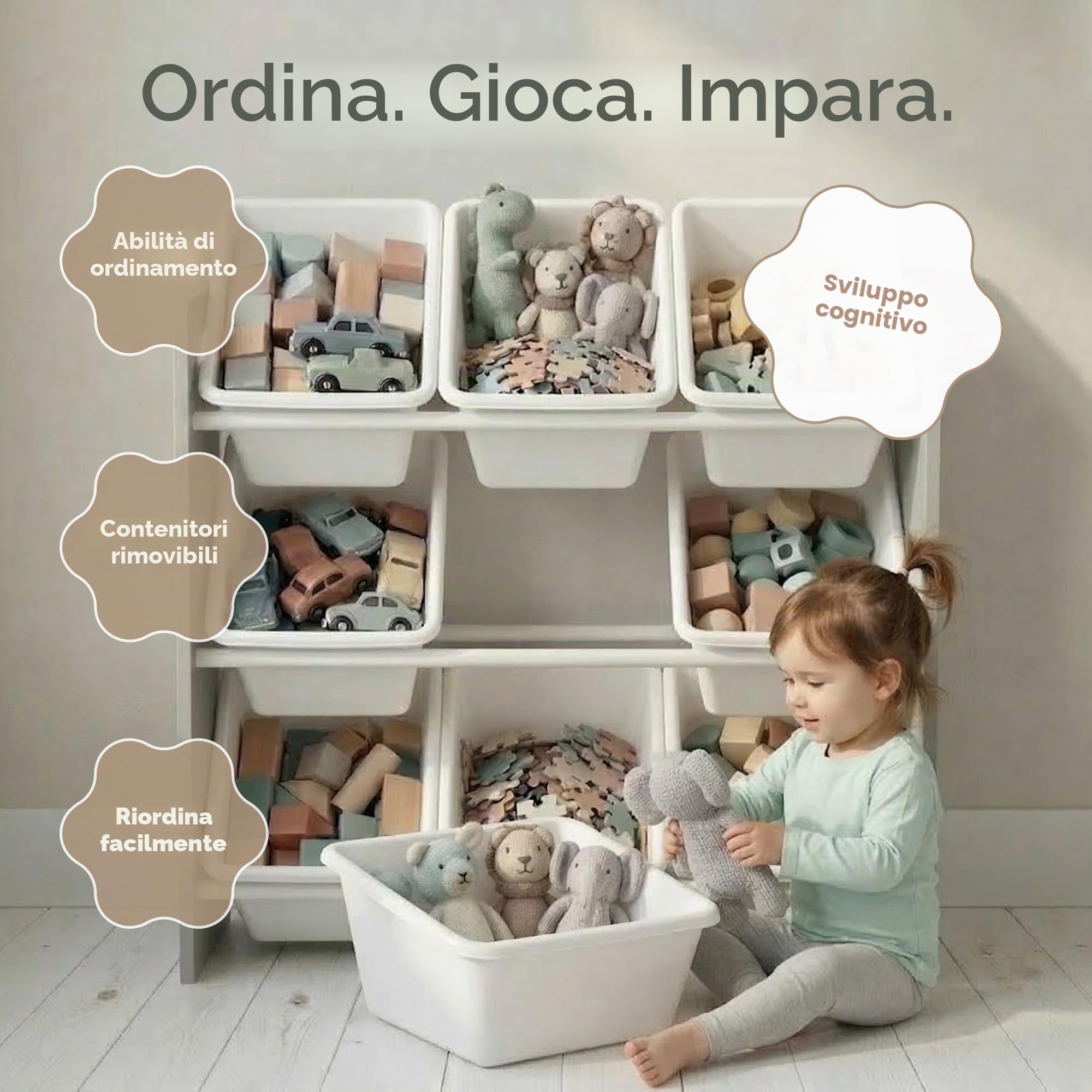 HumbleCrew Scaffale Bambini Moderno: Organizer Giocattoli con 9 Contenitori, Design Grigio/Bianco Elegante, Ideale per Camerette Stile e Ordinate