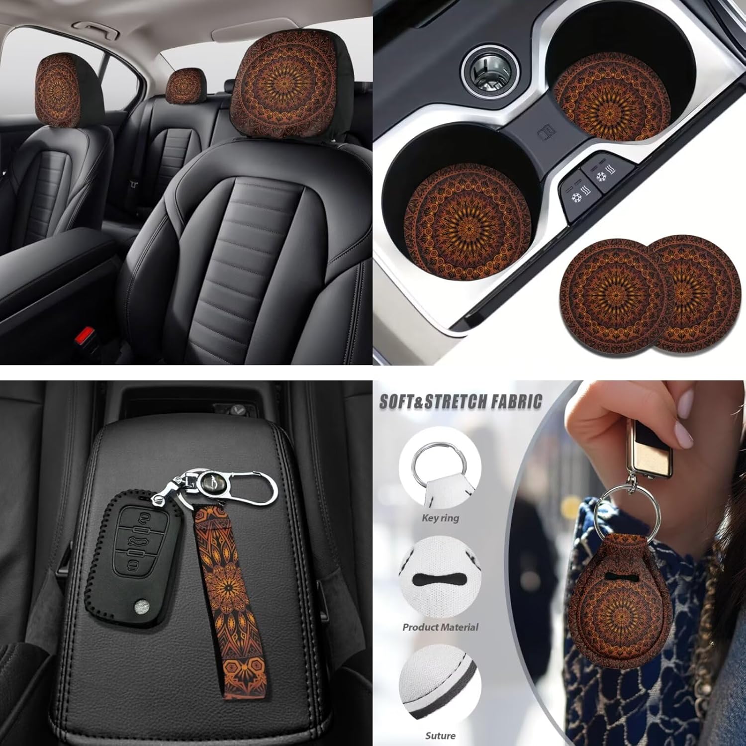 14 Pcs Orange Mandala Car Seat Covers Full Set with Steering Wheel Cover Orange Seat Belt Covers for Cars Armrest Cushion Protector Floral Automotive Interior Accessories Unverisal Fit SUV