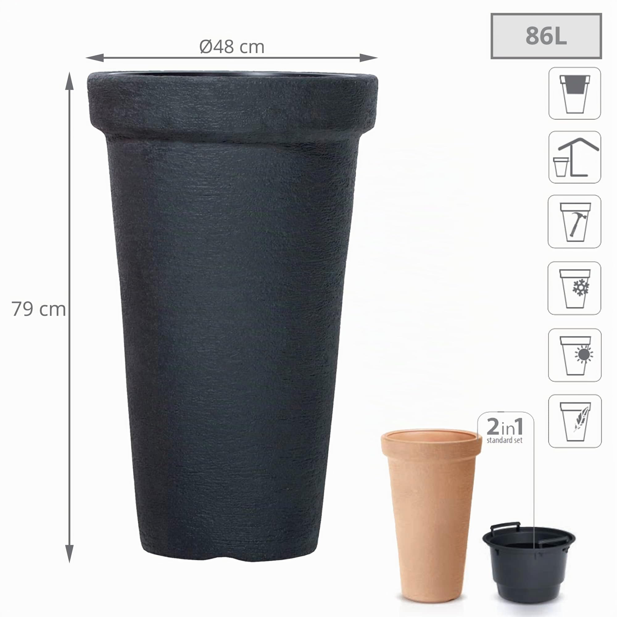 Macetero gigante de 58 litros antracita sólido óptico altura 800 mm jardinera de plástico