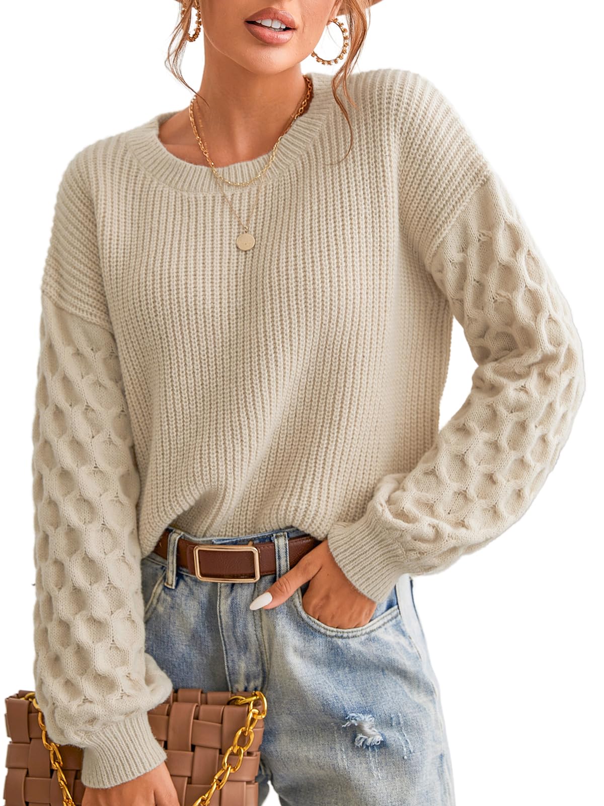 CUPSHE Womens Cable Knit Sweater Long Sleeve Crew Neck Sweaters Fall Pullover Sweater Tops