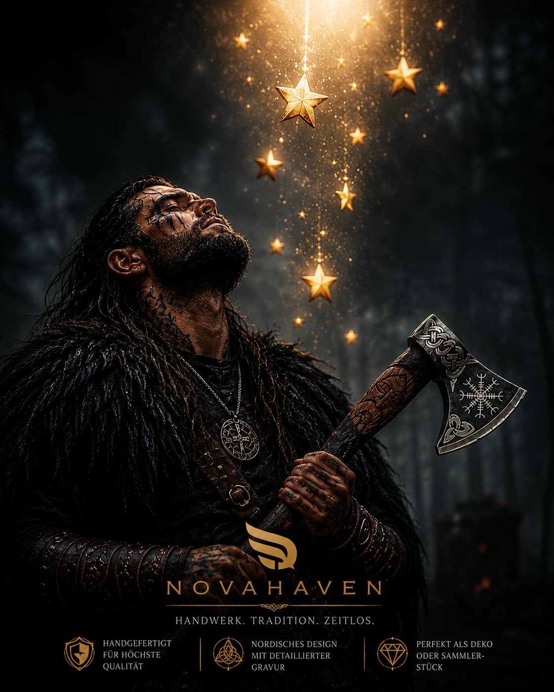 Novahaven Ragnarök - Hacha forjada a mano para exteriores de 22 pulgadas – Regalo y coleccionable de acero al carbono con mango de madera de fresno tallada, diseño de lobo y dragón, funda de piel para