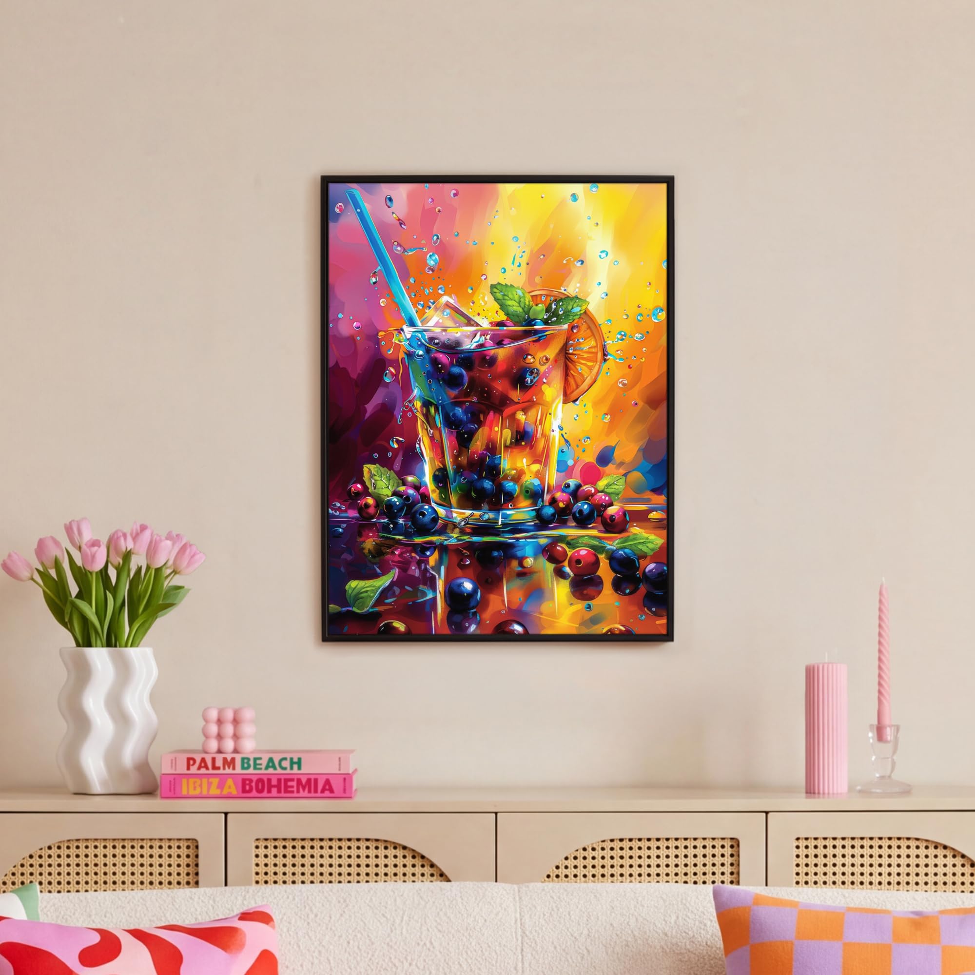 OnlyWow© Gemälde Mit Rahmen 60x80 cm Wohnzimmer Deko Modern Wandbild Kunstdruck auf Leinwand Bild Room Decor Geschenke Cocktail - Obst - Farbenfroh - Getränk
