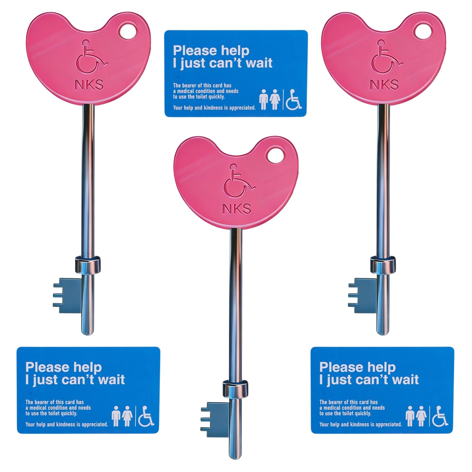 3 Pink Radar Disabled Toilet Keys with ID Cards | UK NKS Compatible | Braille Marked | Steel Shafts