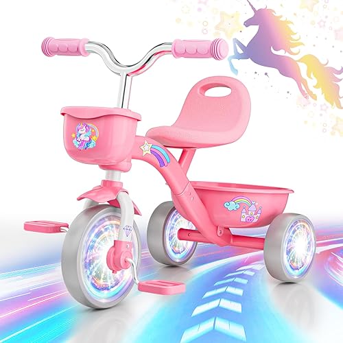 Triciclo para niños pequeños de 1-3, 3-5 años, bicicleta de equilibrio de unicornio para bebés con ruedas de iluminación coloridas y canasta grande,