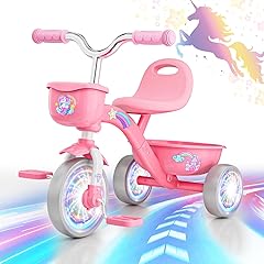Tricycle for Toddlers 1-3 3-5 Year Olds, Unicorn Toddler Bike Baby Balance Bike with Colorful Lighting Wheels & Large Basket, Birthday Gift and Toy for 1 2 3 4 5 Year Olds Girls