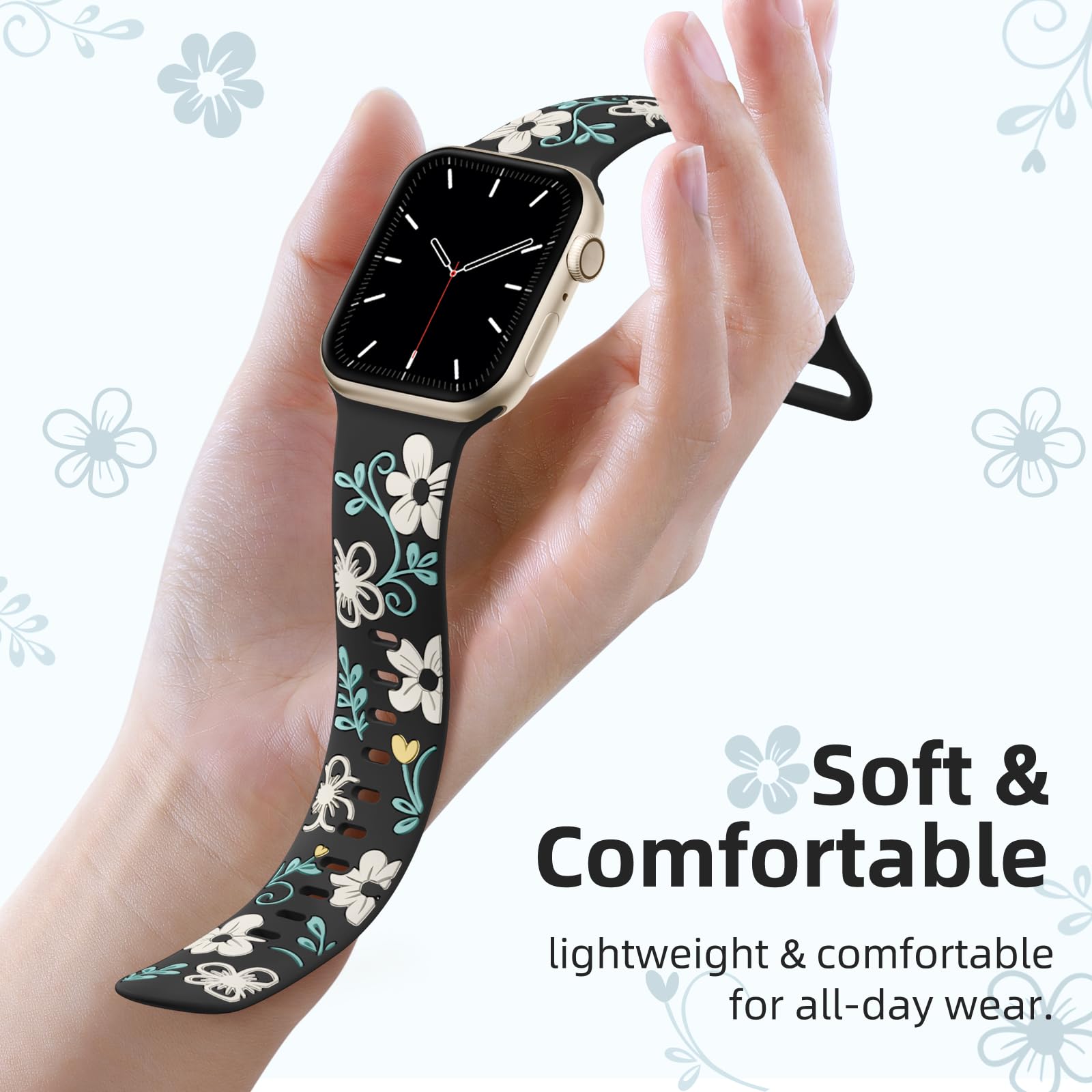 Witzon Correa floral compatible con correas de Apple Watch para mujer de 40 mm, 41 mm, 38 mm, 42 mm, 44 mm, 45 mm, 46 mm, 49 mm, correa de silicona grabada con bonitas flores para iWatch Series 10, 9