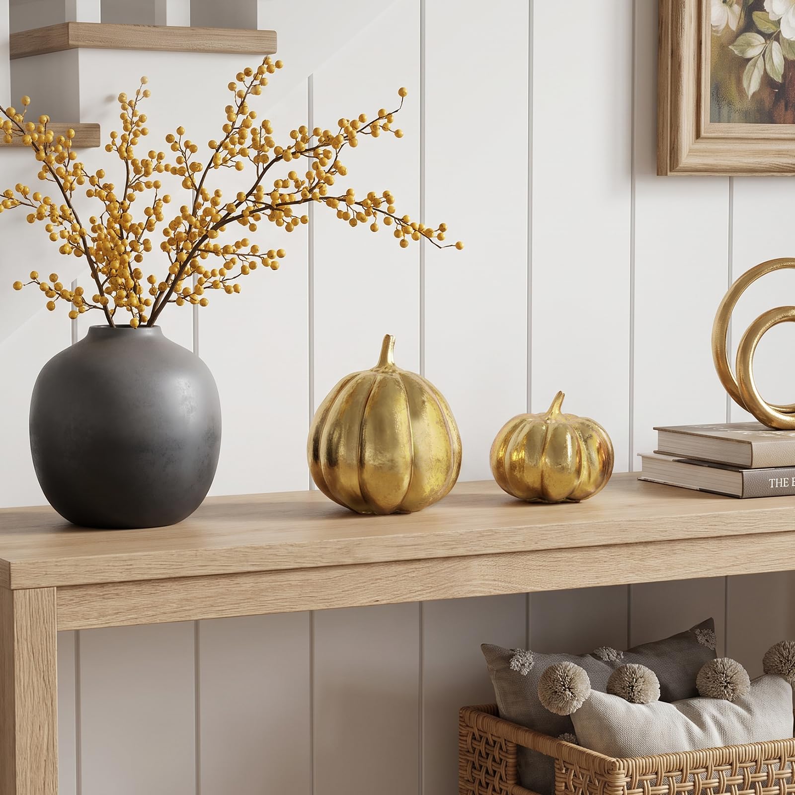 Set di 2 decorazioni autunnali in resina a forma di zucca dorata | Farmhouse Thanksgiving Centrotavola oro metallizzato raccolto zucche per interni ed esterni giardino a più livelli mensola