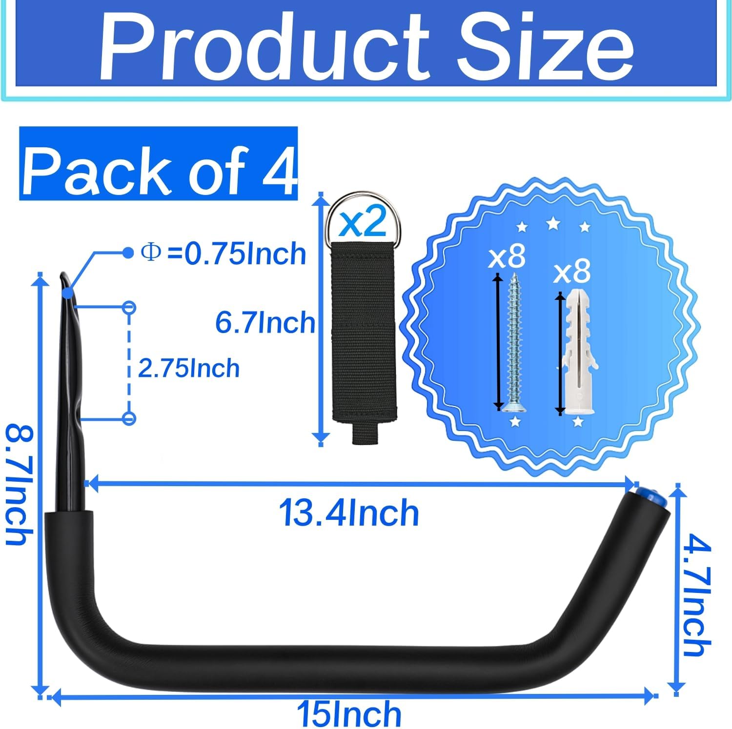 Kayak Storage Hooks, 15Inch Heavy Duty Garage Wall Mount Rack, Garage Storage Hangers for Canoe, Surfboard, Snowboard (19G-15Inch, 4pack)