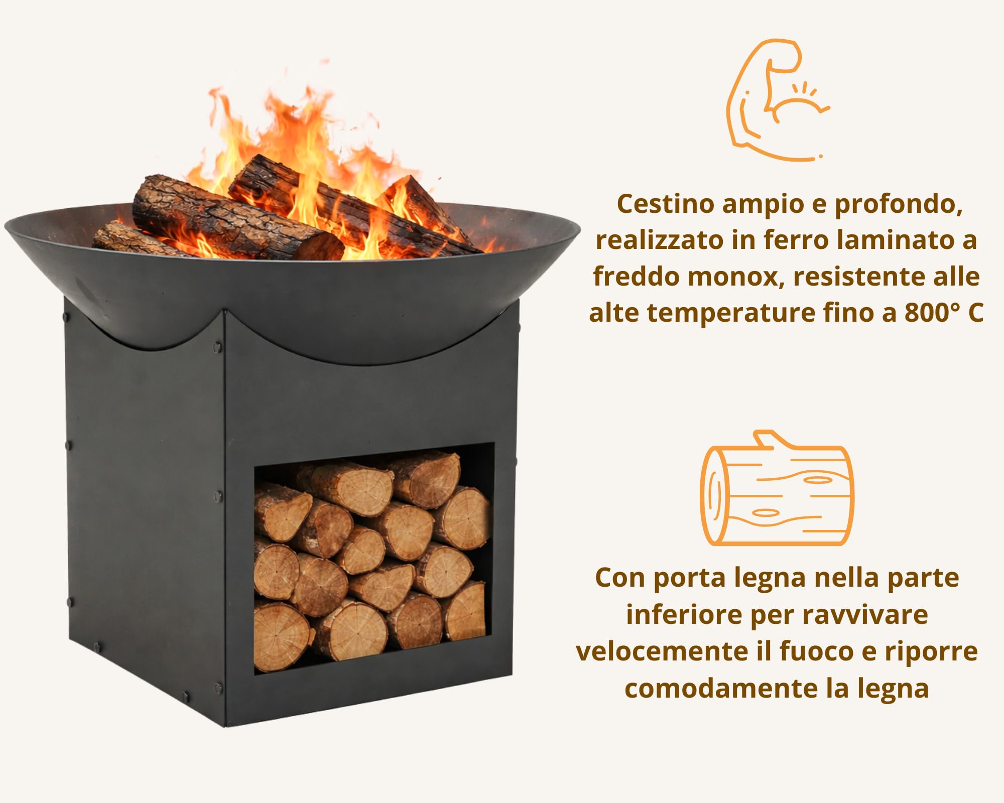 Braciere da Esterno Giardino con Porta Legna Terrazzo Cestino in Ferro per Legna Ciotola per Fuoco Braciere Rotondo Diametro 57 cm Altezza 41 cm Colore Nero Mod. Brisbanne