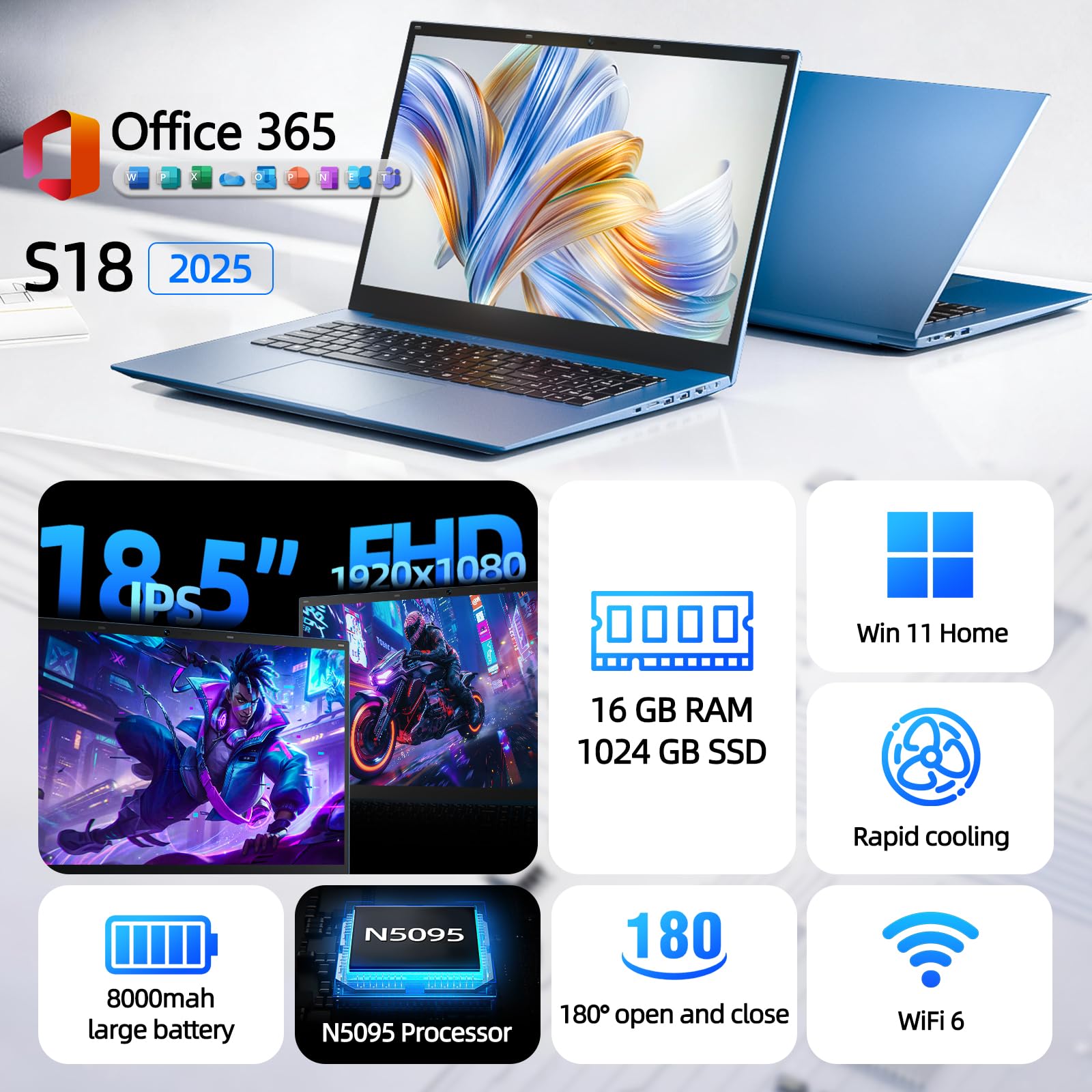 18.5 Inch Laptops with 16GB RAM 1TB SSD Ordinateur Portable, Celeron N5095 Quad-Core, Windows 11 Laptop, WiFi 6, 180° Viewing, Type-C, USB3.2 *, 8000mAh, for Business and Students - 2