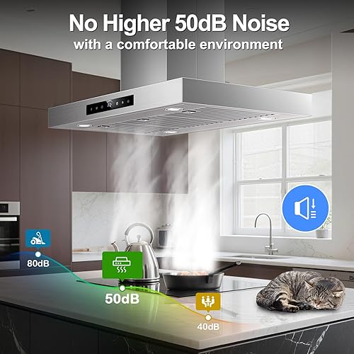 Miniatura 6 de Campana extractora de isla de 36 pulgadas, montaje en techo de 1200 CFM con detección de gestos de 4 velocidades y control táctil, campana de
