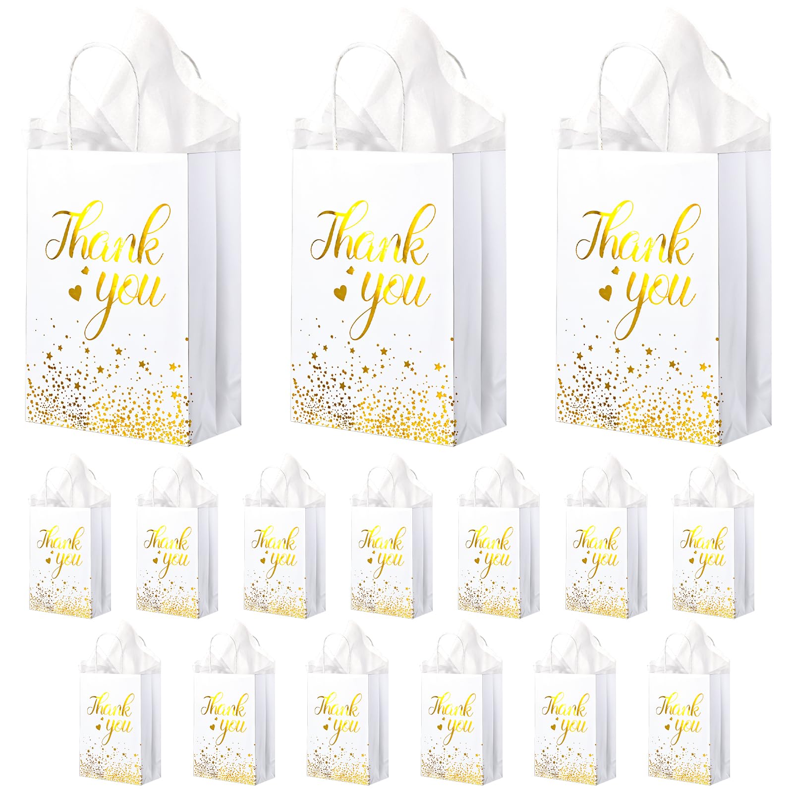 Abeillo 16 Pcs Thank You Gift Bags with Tissue Paper, White Gold Wrap Gift Bags with Handles Medium Paper Gift Wrap Bags for Birthday, Baby Showers,