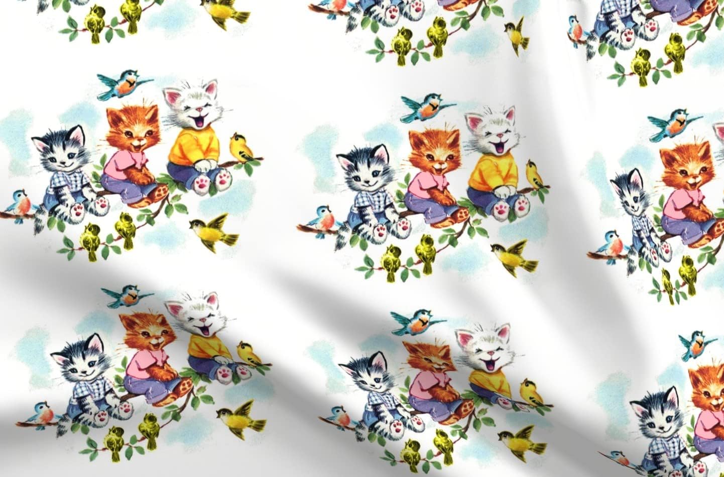Spoonflower Fabric - Vintage Retro Kitsch Cats Kittens Birds Sky Clouds Children Nursery Printed on Petal Signature Cotton Fabric by The Yard - Sewing Quilting Apparel Crafts Decor