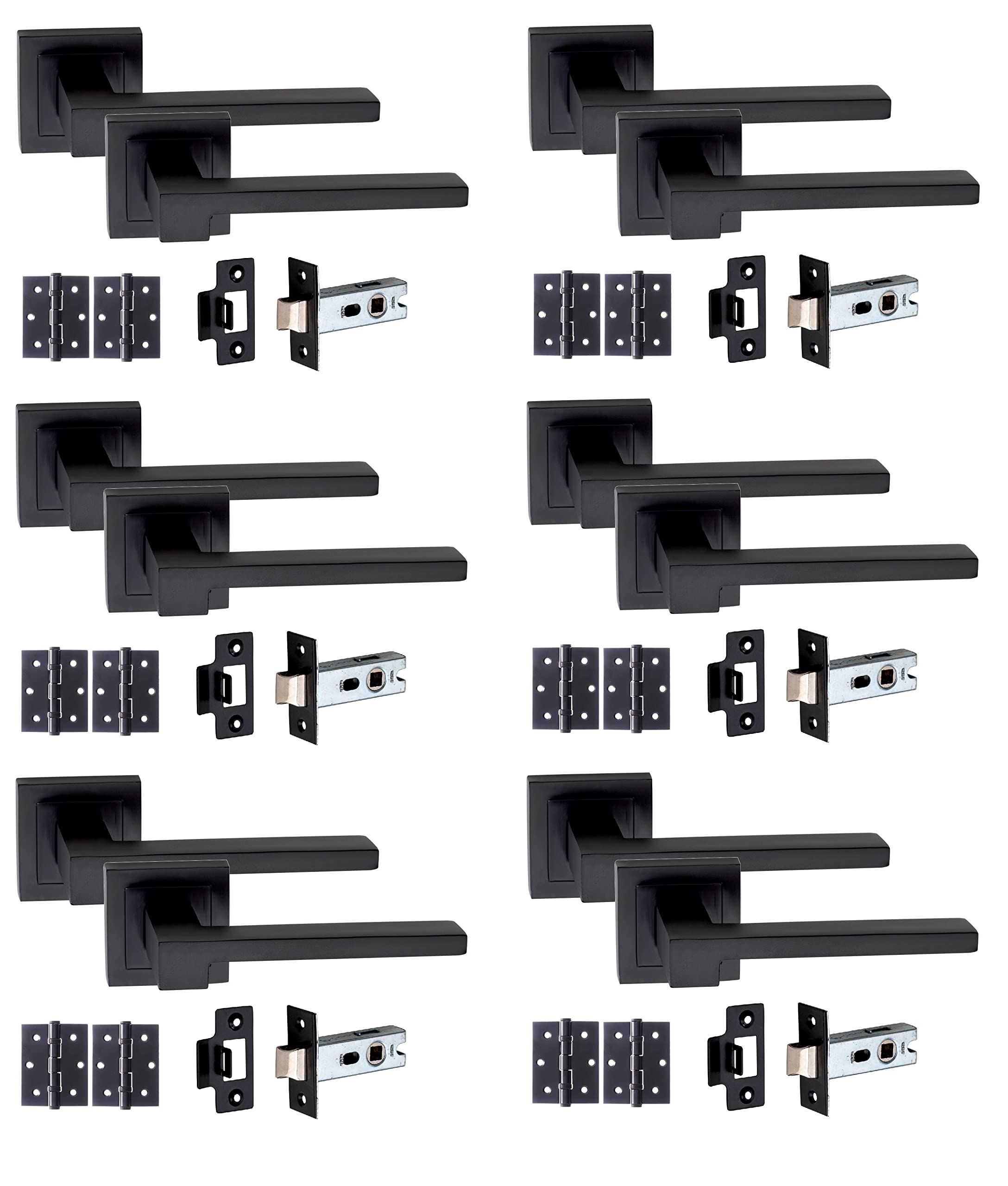 Golden Grace Matt Black Door Handle On Square Rose Zeta Design Lever Latch Handle Sets w Tubular Latch and Pair of 3" Ball Bearing Hinges Matte Black/Bathroom Set/Key Lock Set (6 Sets)