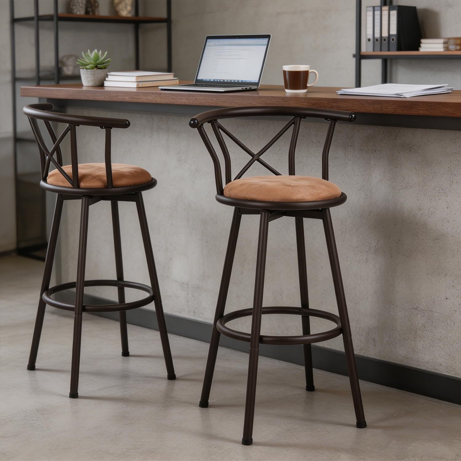 Meuble Cosy Lot de 4 Tabourets de Bar Chaises Vintage pivotant sur 360° avec Dossier et Repose-Pieds Siège de 75,5 cm de Haut Style Industriel Marron 40x56,5x99,5cm Hailey 29 4PCS
