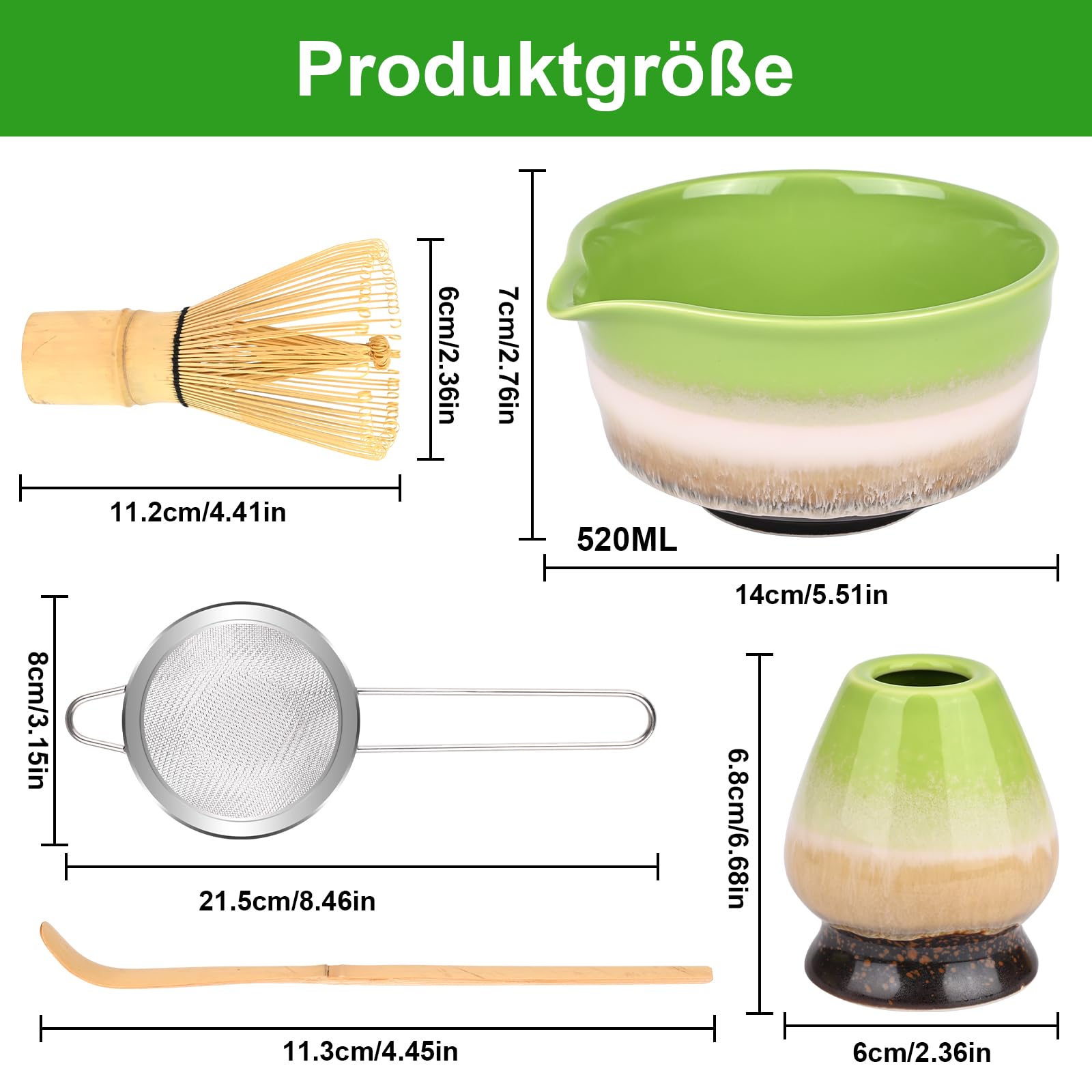 5 Stück Matcha Set Matcha Besen set Macha tea set Matcha Set Grün mit Besen, Sieb,Schale und Löffel für Zuhause & Büro Grün