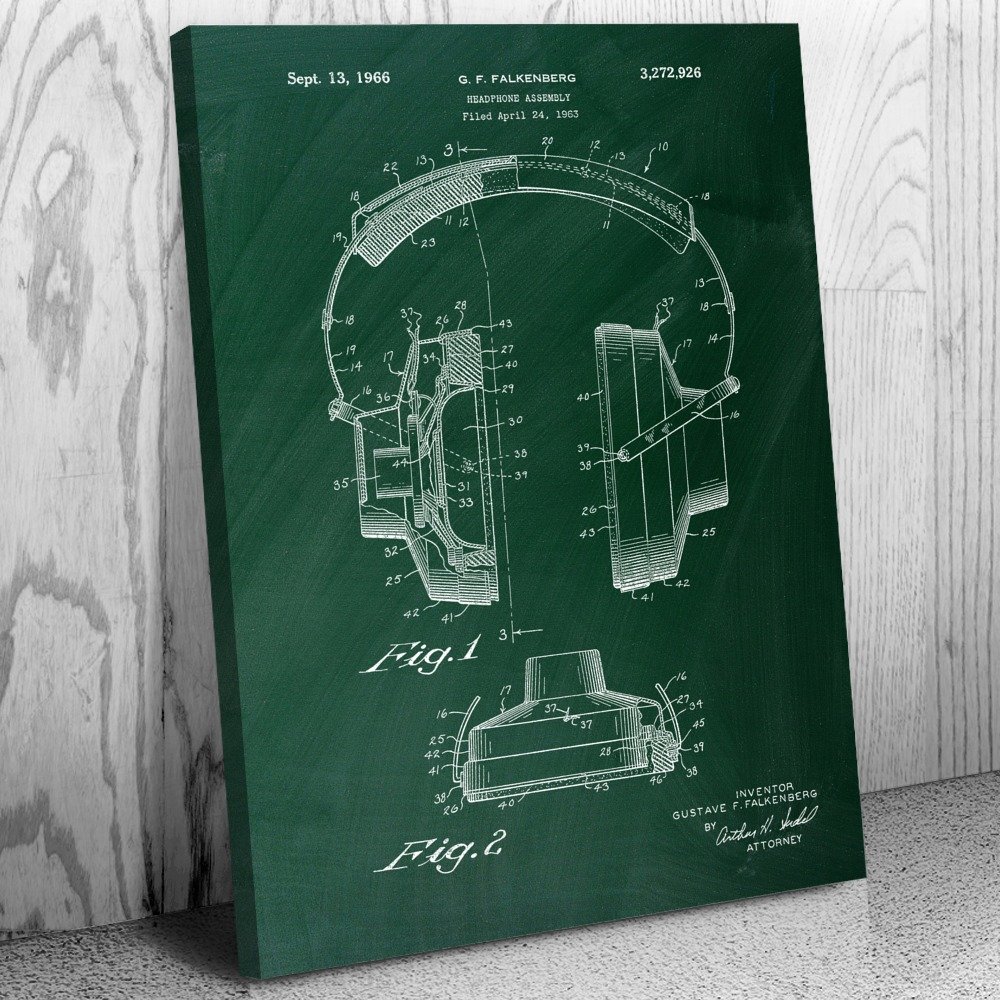 Patent Earth Headphones Canvas Print, DJ Gift, Recording Studio Art, Audiophile Gift, Headphones Decor, Music Lover Gift Green Chalkboard (18 inch x 24 inch)