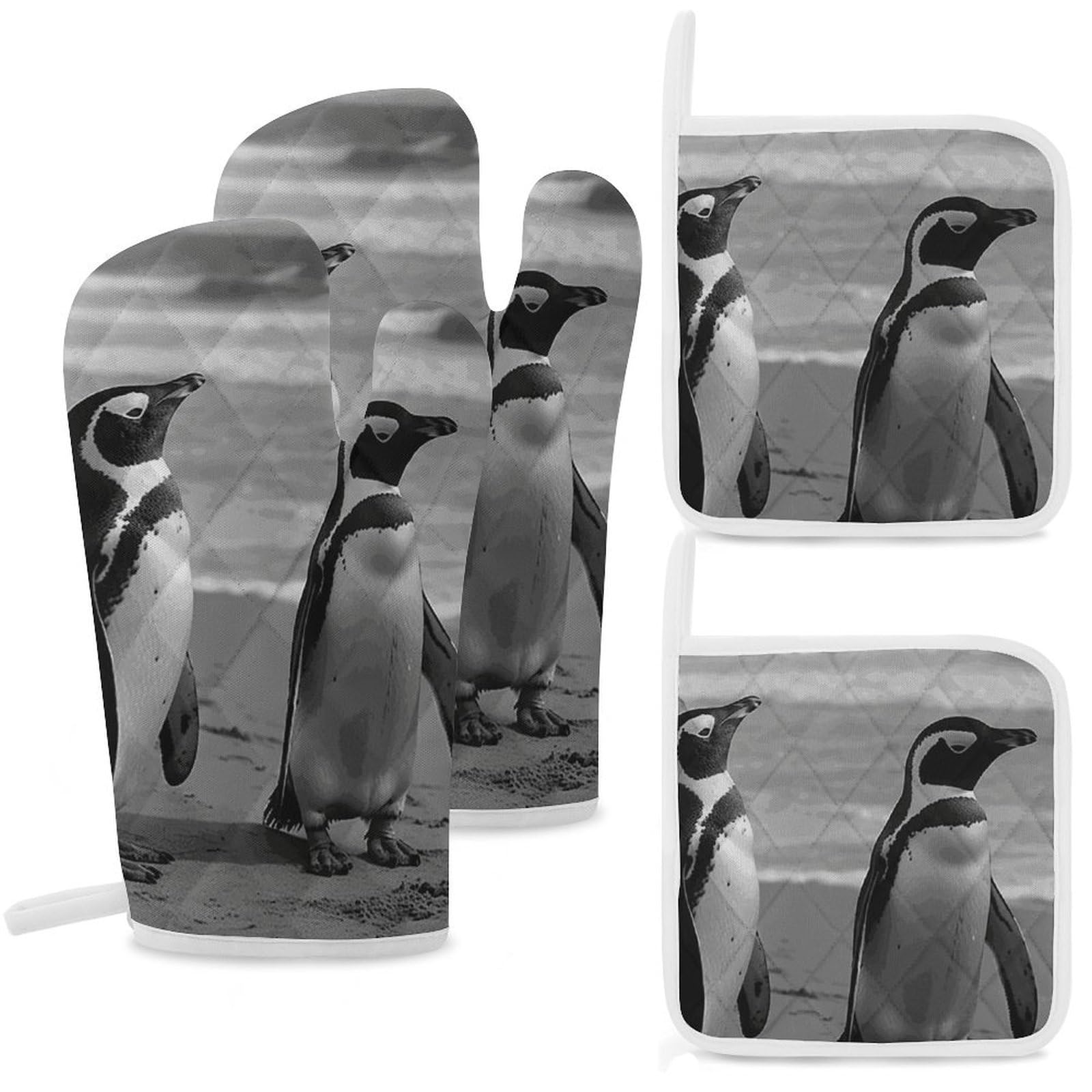 Penguin Standing on The Beach Oven Mitts and Pot Holders Sets Heat Resistant Oven Glove with Hanging Loop for Baking Cooking BBQ Thicken Potholders for Kitchen
