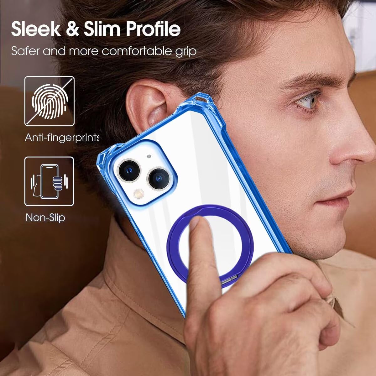 Pepmune Cover con Cordino per iPhone 14 Plus Custodia con 360° Regolabile Anello Supporto Ultra Sottile Antiurto Silicone Liquido Protettiva Cover con