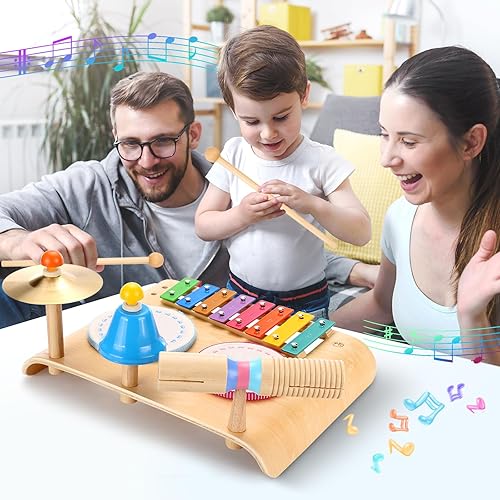 Miniatura 4 de Juego de batería para niños, tambor para niños pequeños con xilófono, instrumentos de percusión de madera 8 en 1, juguetes musicales Montessori,