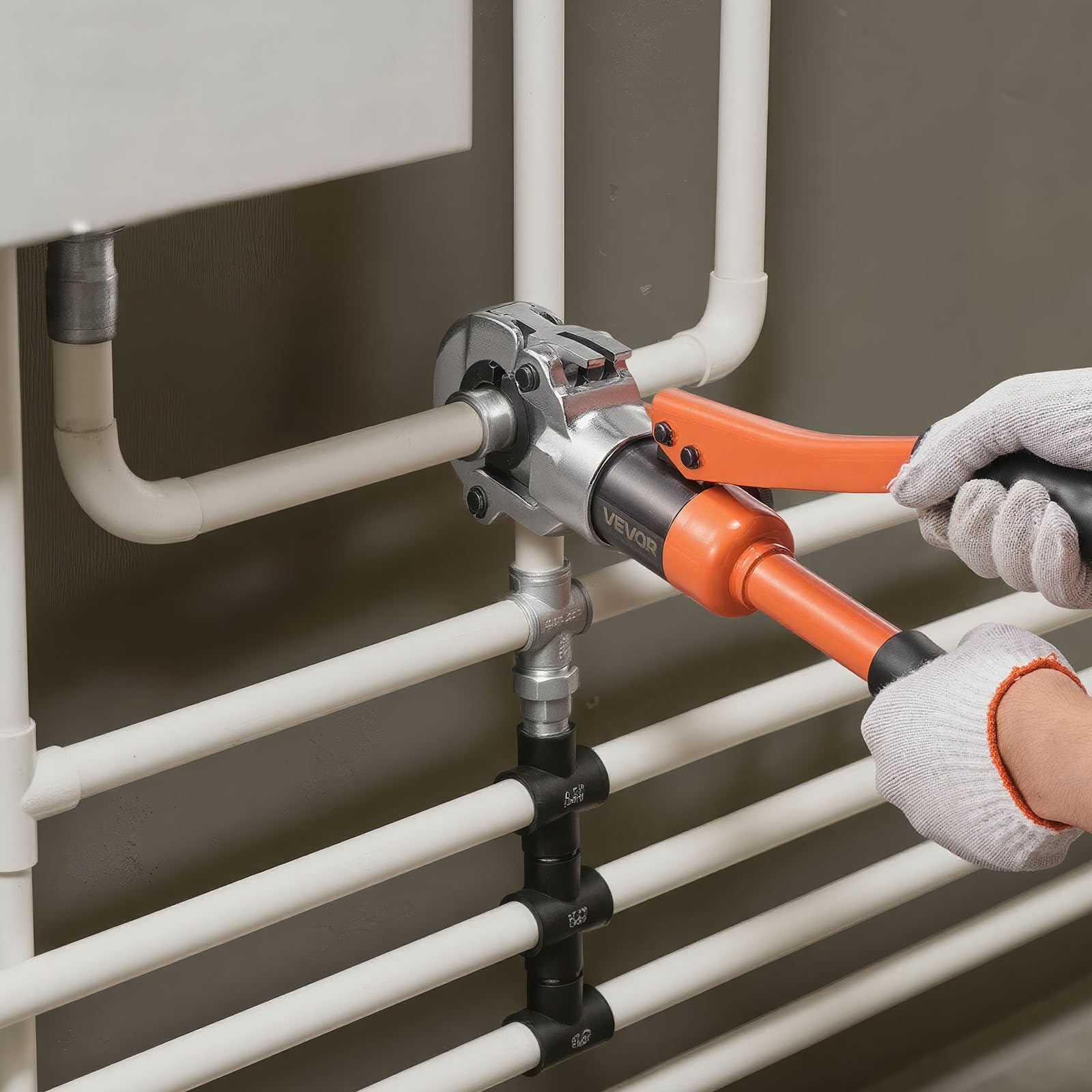 VEVOR Alicates de Prensa Hidráulica de Tuberías, Herramienta de Prensado para Tubos PEX y Aluminio-plástico con 4 Mordazas U16, U20, U25, U32 y Estuche, para Reparación, Instalación de Fontanería