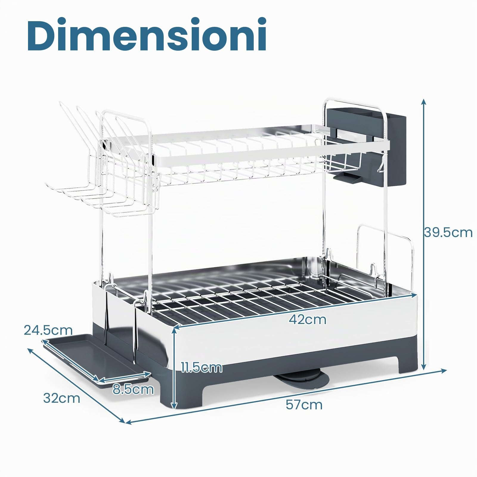 KOMFOTTEU Scolapiatti in acciaio inox, scaffale organizzatore da cucina a 2 livelli con vassoio di scarico porta posate e secchio per posate, deposito cucina, 57 x 32 x 39,5 cm