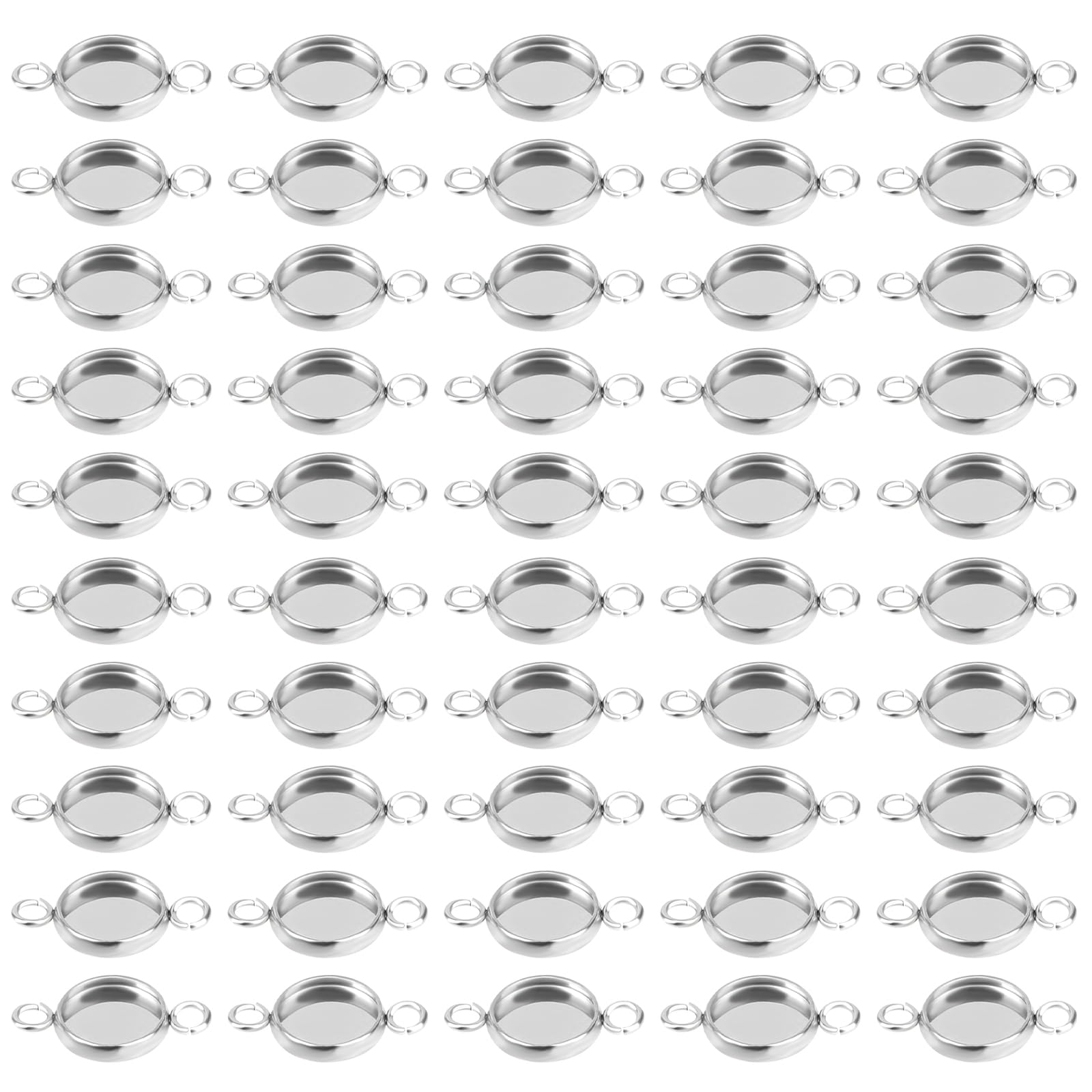 Mozeat Lens 50pcs Stainless Steel Round Blank Bezel Pendant Bezel Tray Connectors Base Cabochon Settings Trays Pendant Blanks Links with Double Loops Bracelet Making Tray for Jewelry Making DIY Craft