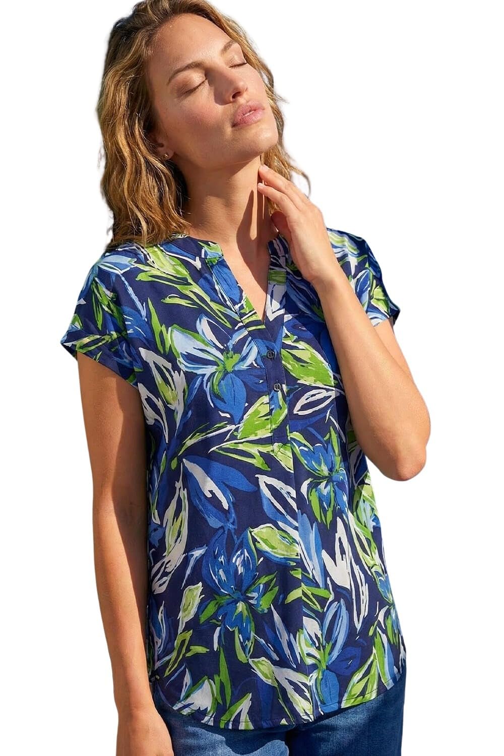 Roman Short Sleeve Shirt for Women UK Ladies Tunic Top Summer Blouse Casual Smat T-Shirt Spring Work Cocktail Party Going Out Special Occassion Holiday V-Neck - Blue Leaf - Size 12